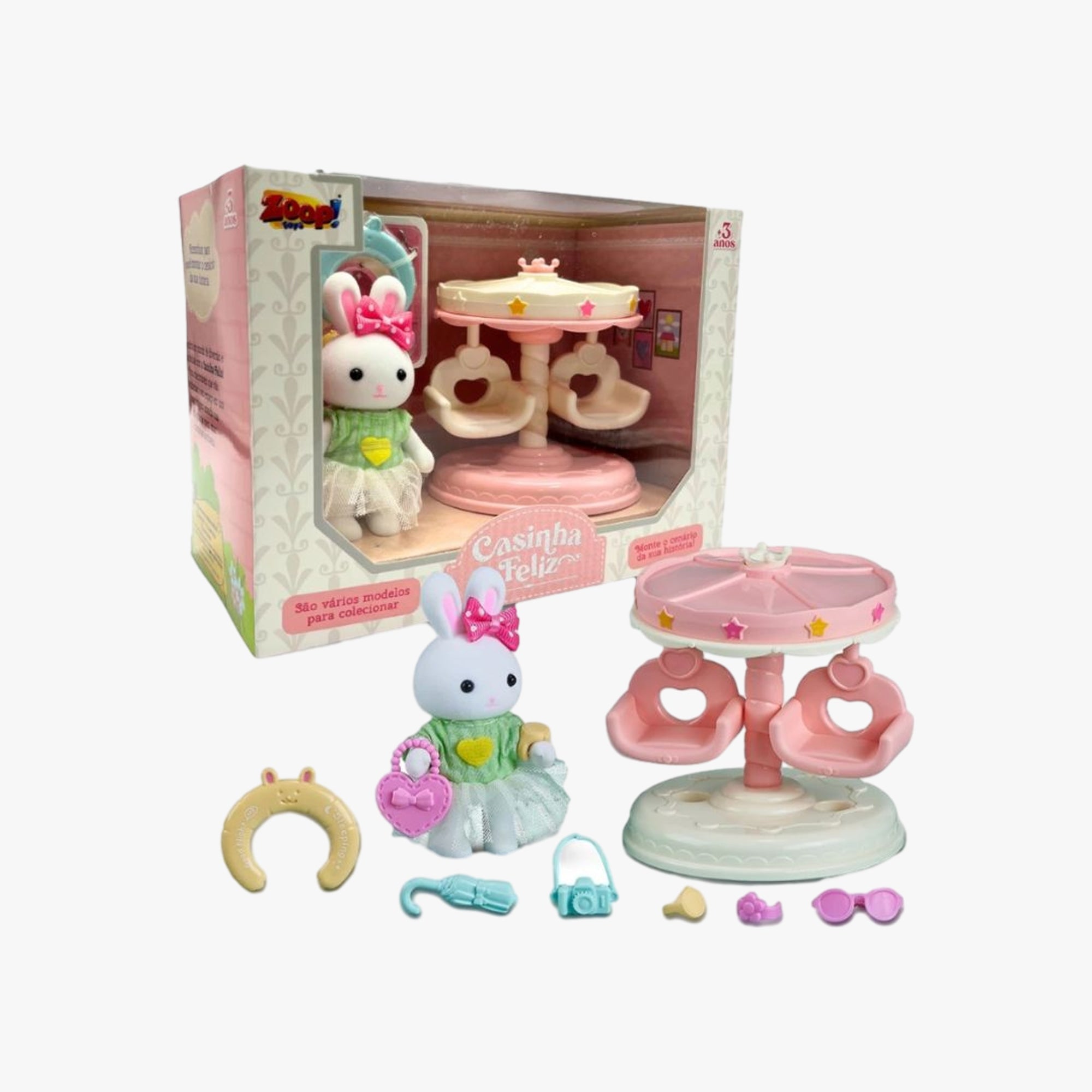 Kit Casinha Feliz Parque de Diversões com boneca, cenário temático e acessórios coloridos