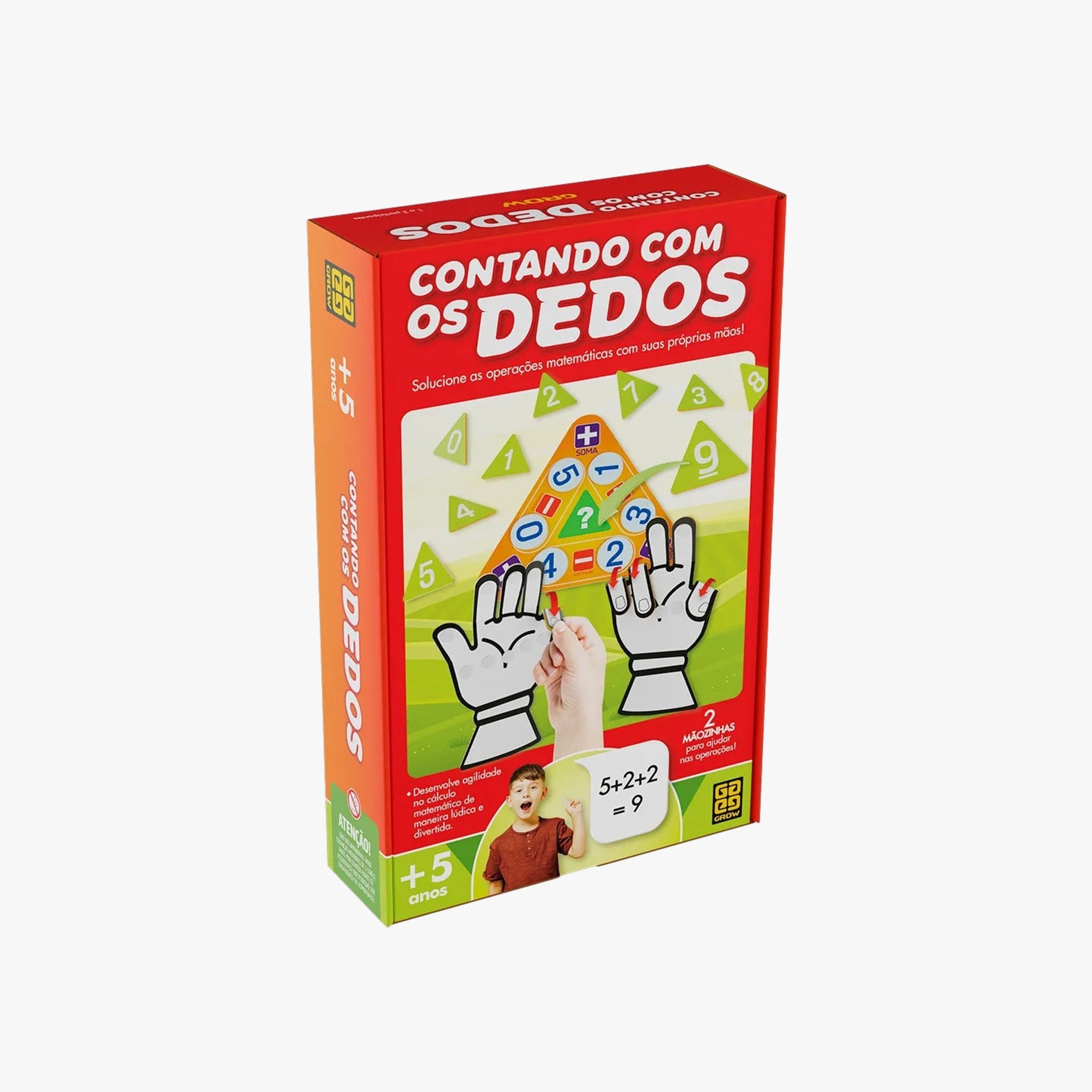 Jogo Contando os Dedos da Grow — tabuleiro, peças de cartão e cartelas triangulares para adição e subtração