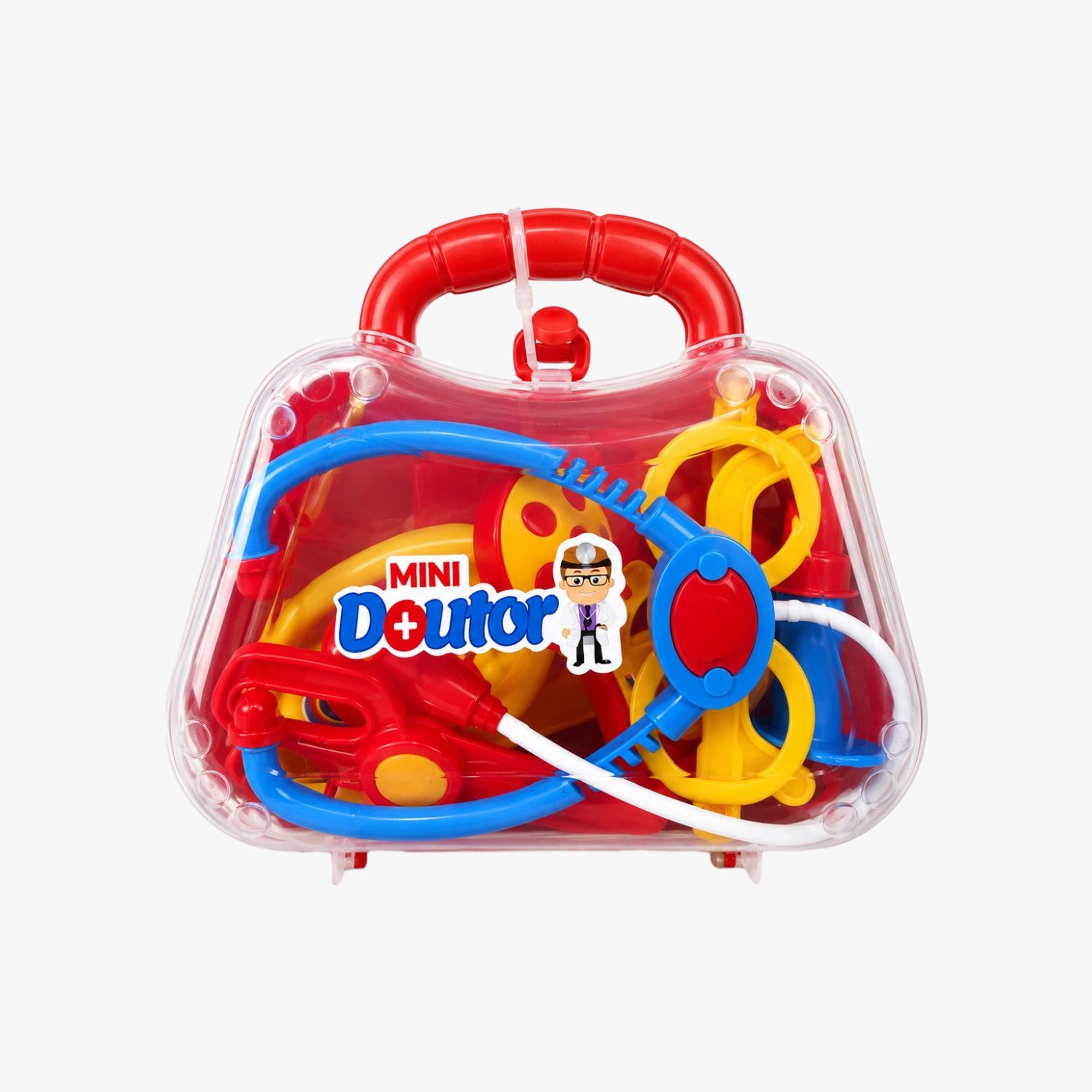 Kit mini doutor infantil com maleta e acessórios médicos coloridos, incluindo estetoscópio e seringa