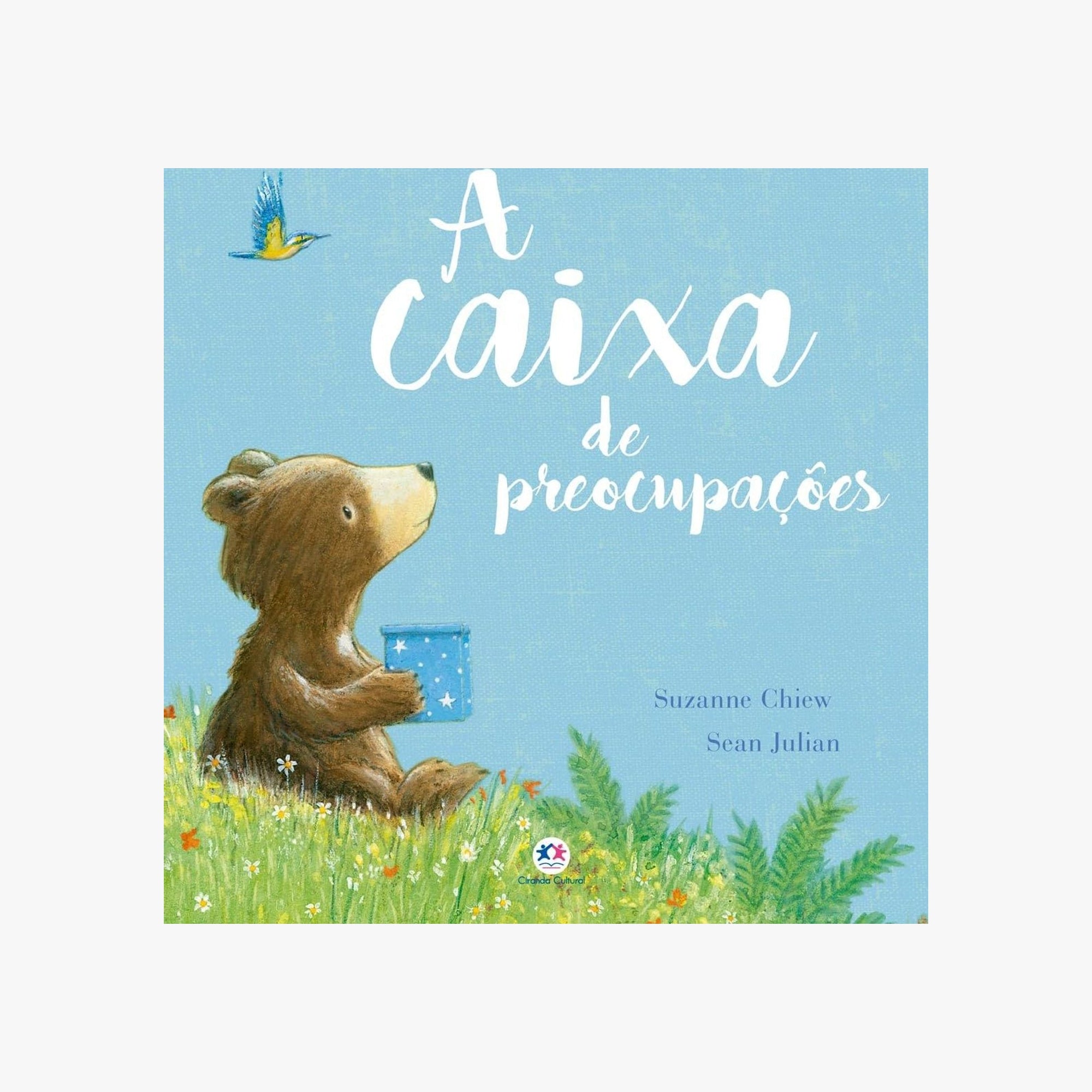 Capa do livro A Caixa de Preocupações com o urso Miguel e a amiga Mila ilustrados em cores suaves