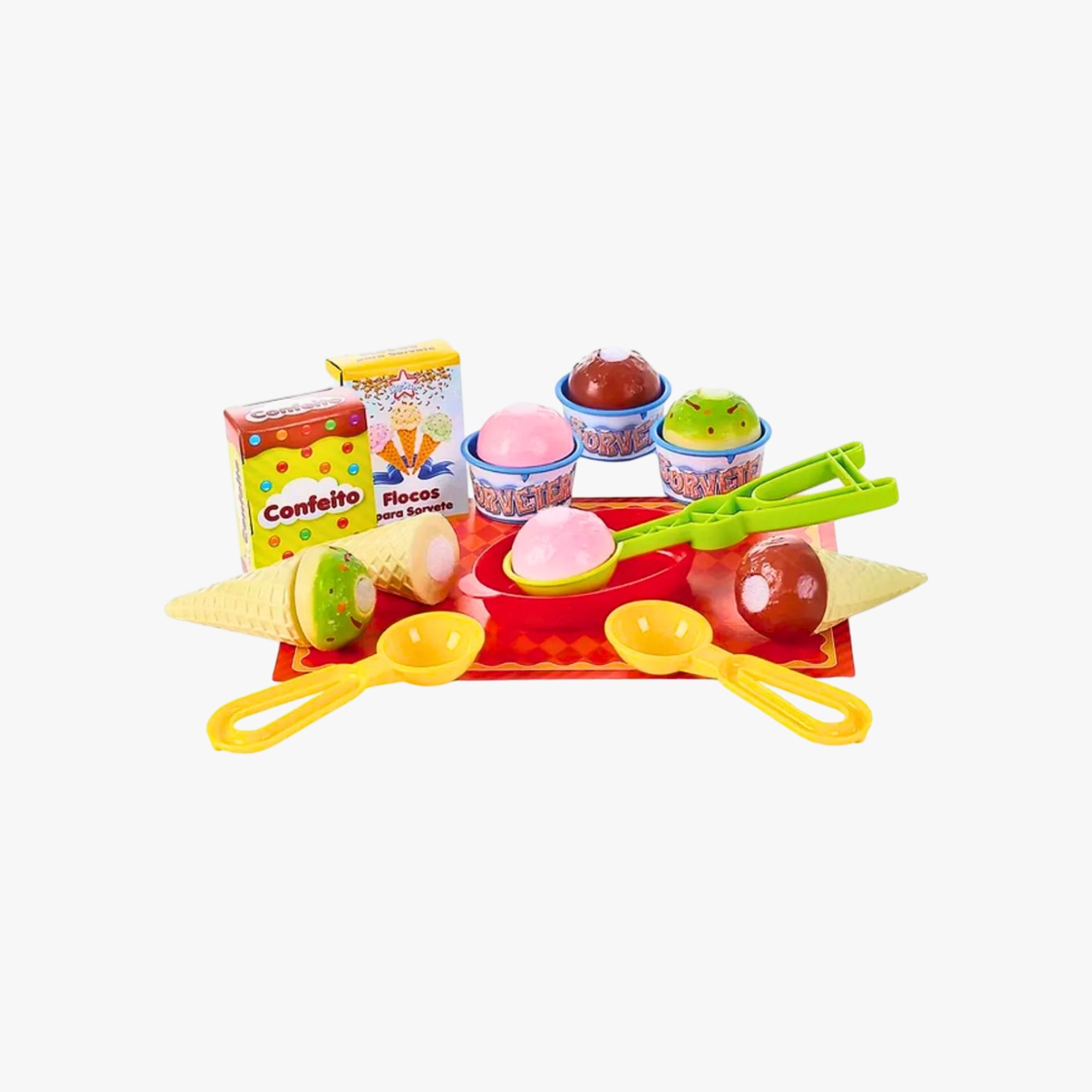 Peças do kit sorveteria Crec Crec montadas simulando uma casquinha de sorvete com múltiplas bolas coloridas