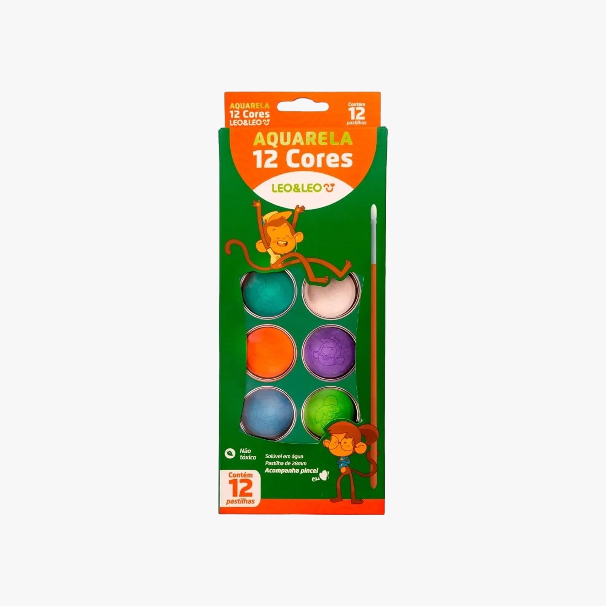 Estojo de aquarela Leo&Leo com 12 cores e pincel incluso, visto de frente