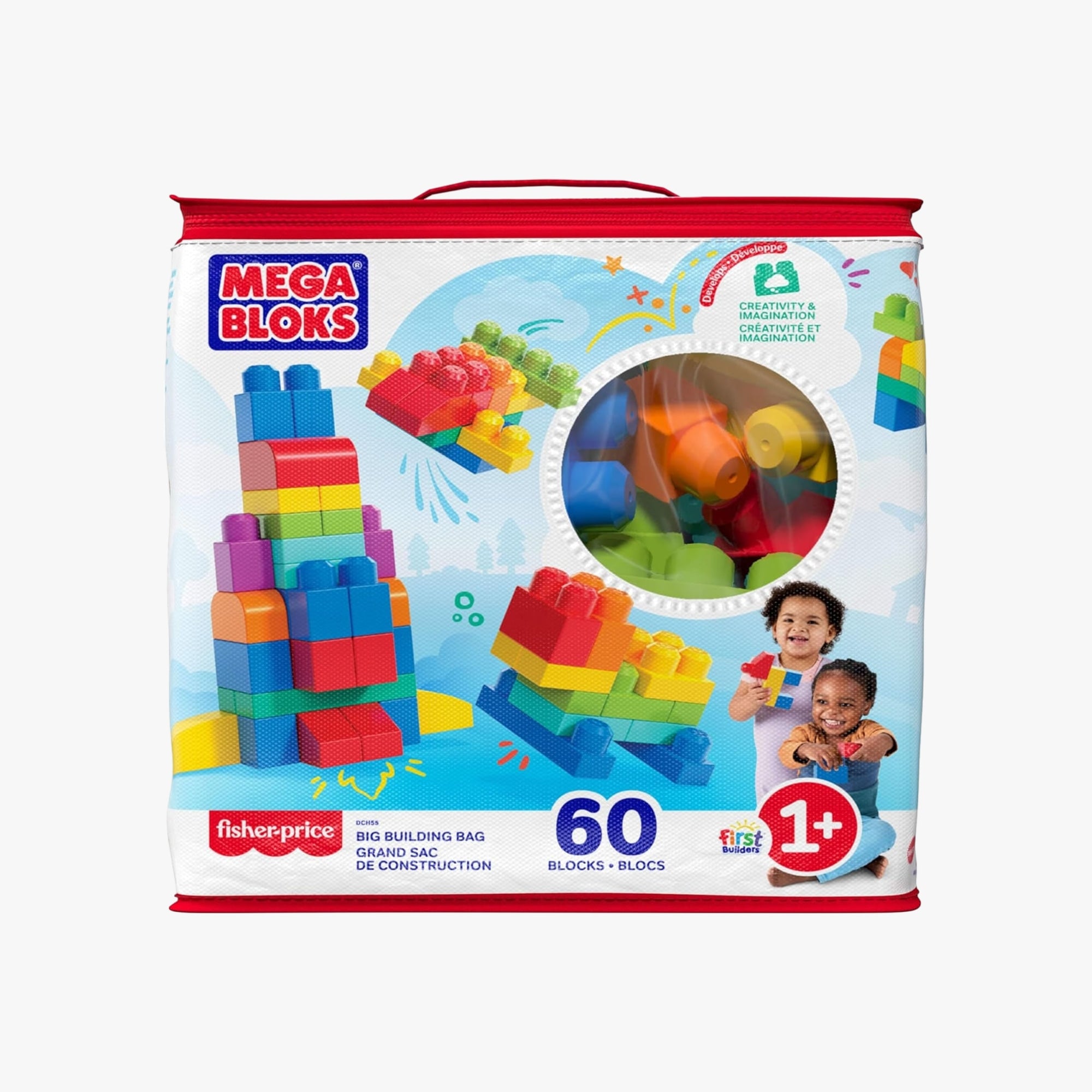 Sacola Mega Bloks First Builders com 60 blocos grandes e coloridos espalhados ao redor