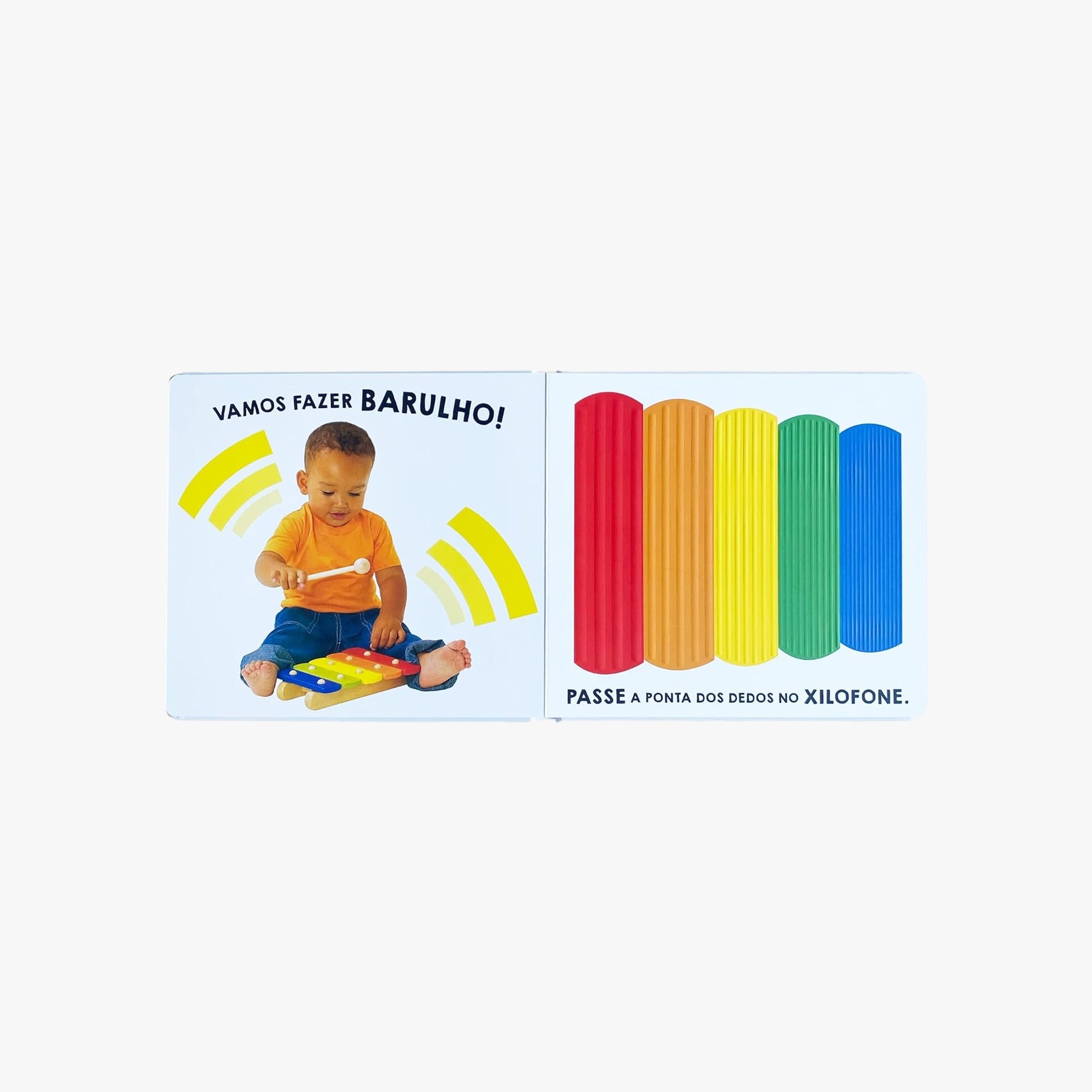 Página do livro com atividade sensorial e cores vibrantes para bebês