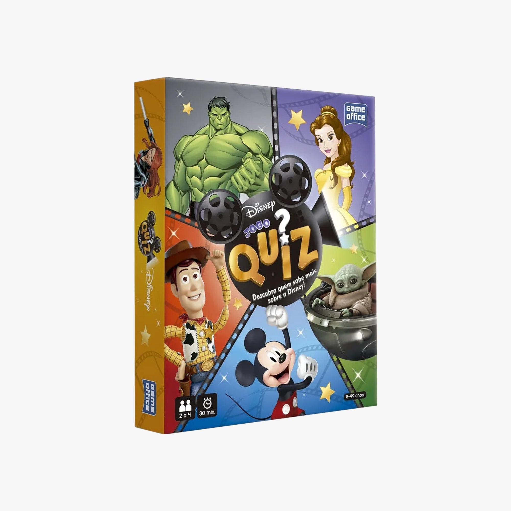 Caixa frontal do Jogo Quiz Disney com personagens da Disney, Pixar, Marvel e Star Wars