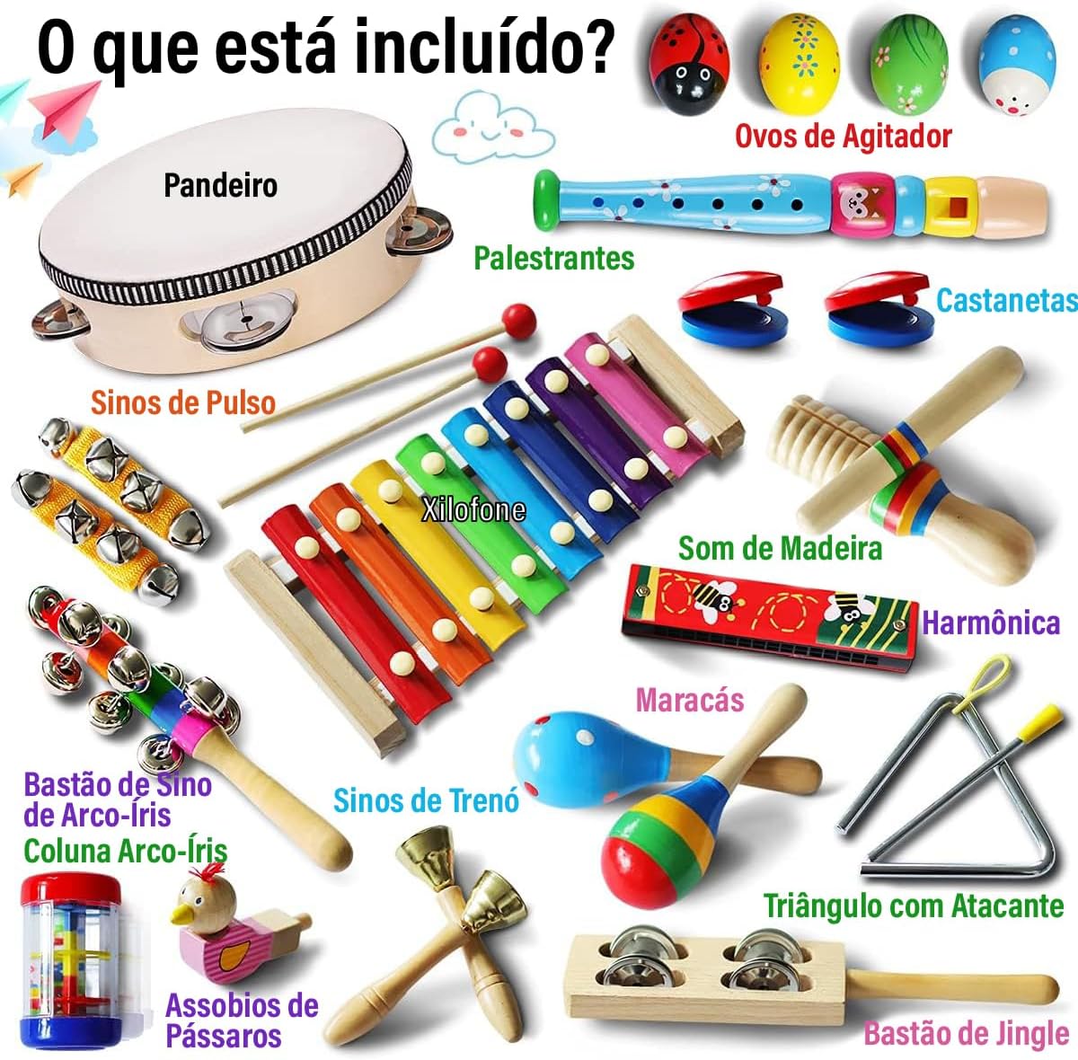 Brinquedo Montessori: Conjunto de Instrumentos de Percussão de Madeira