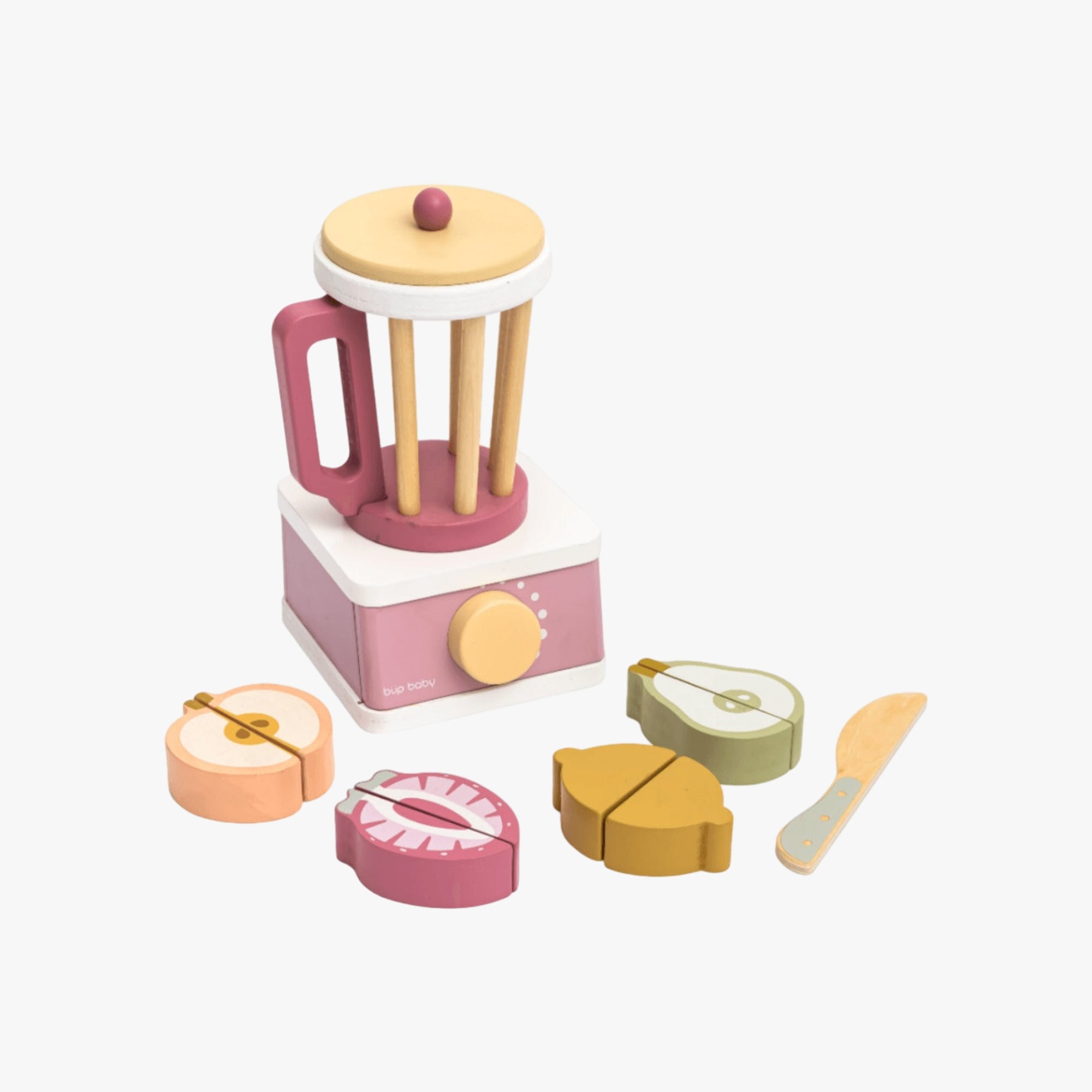 Brinquedo de Madeira Kit Liquidificador com Frutas e Corte Rosa