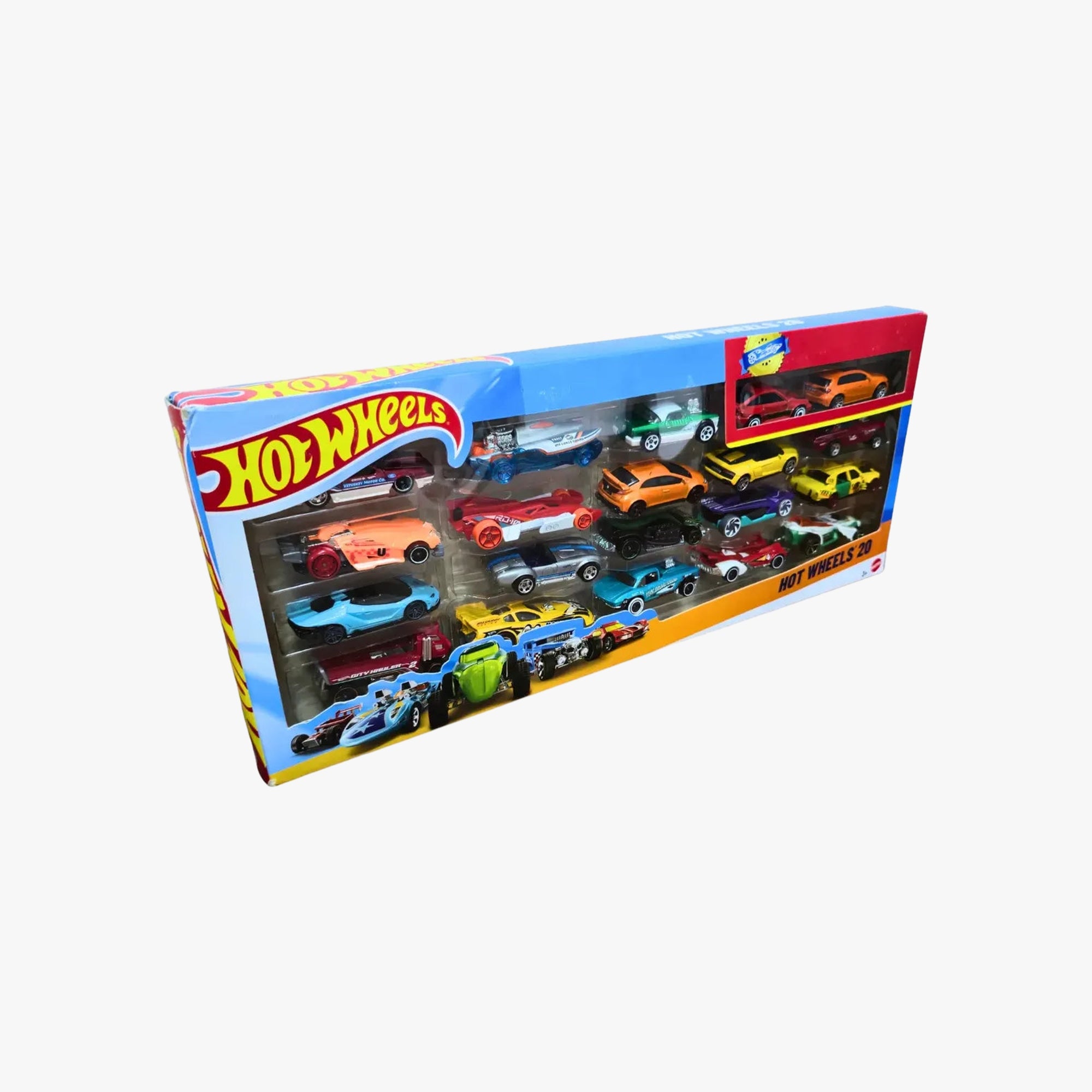 Embalagem frontal do pack Hot Wheels com 20 carrinhos sortidos em escala 1:64 com janela transparente