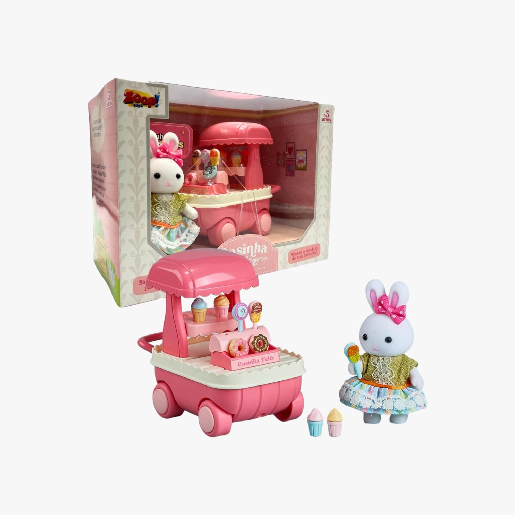Kit Casinha Feliz Carrinho de Gostosuras com boneca e acessórios coloridos sobre fundo claro