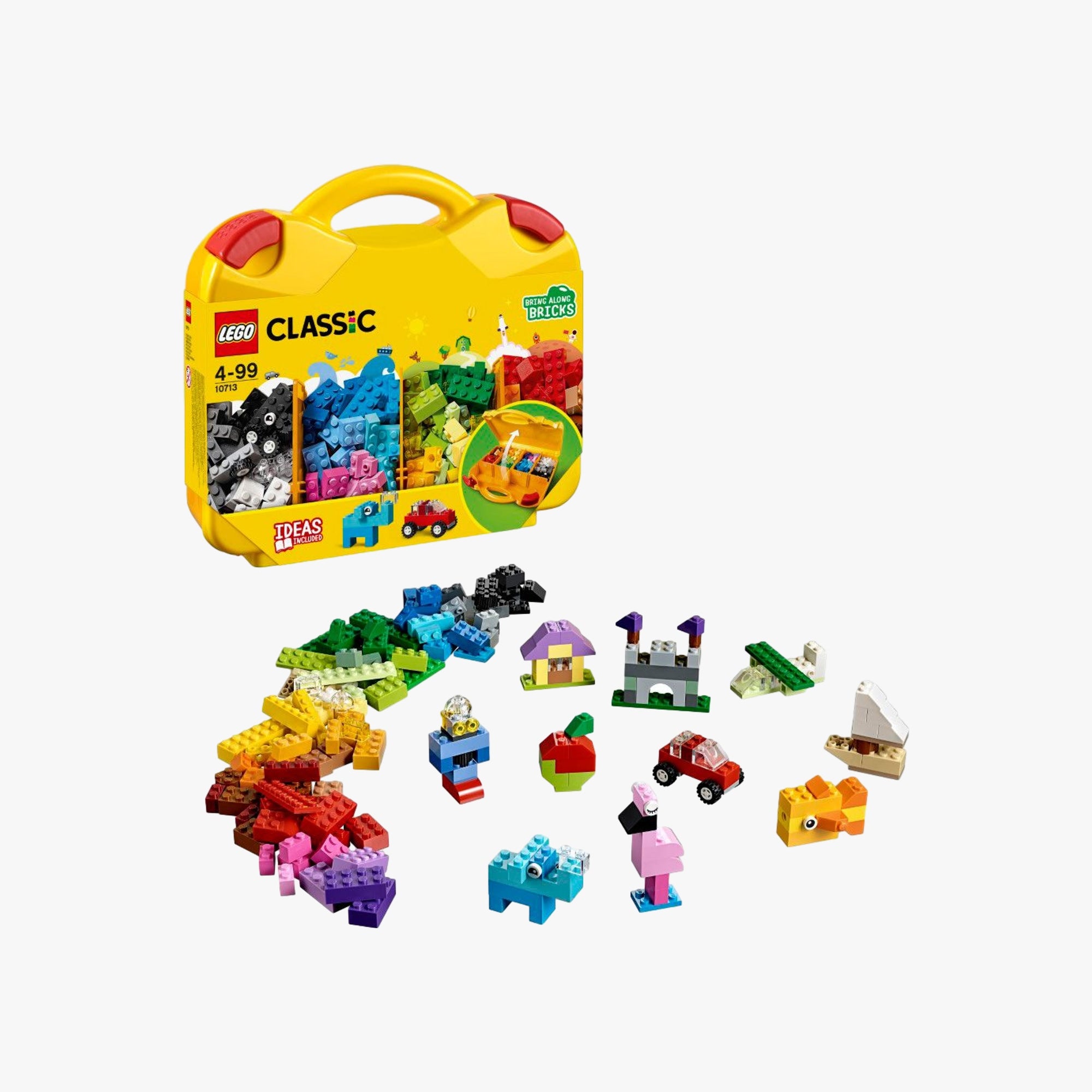 Peças coloridas da Maleta LEGO Classic espalhadas, incluindo olhinhos e rodas