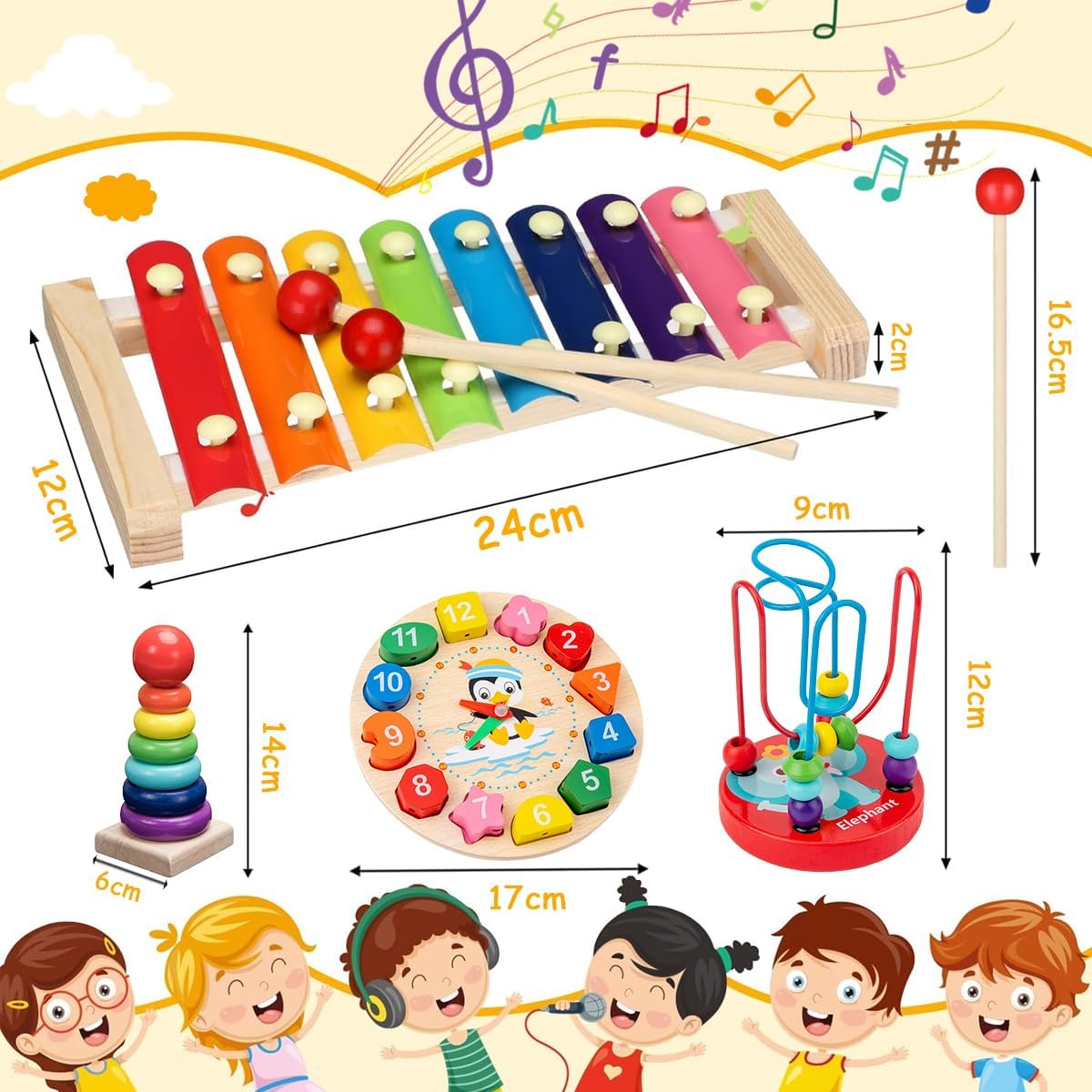 Percussão Instrumentos Musical Set de Madeira Montessori Brinquedos STEM Educativo Infantil (9 em 1)