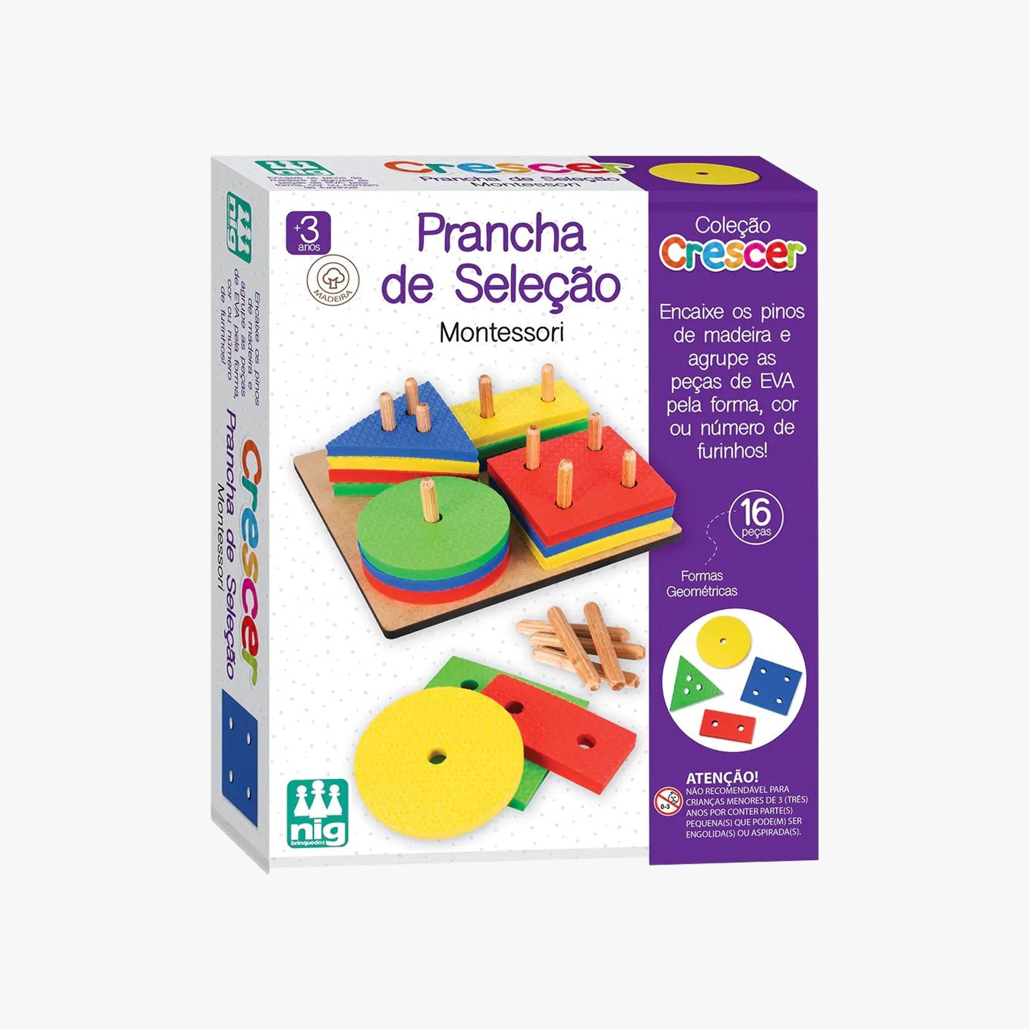 Prancha de seleção Montessori com pinos coloridos encaixados na base de madeira e formas geométricas em EVA