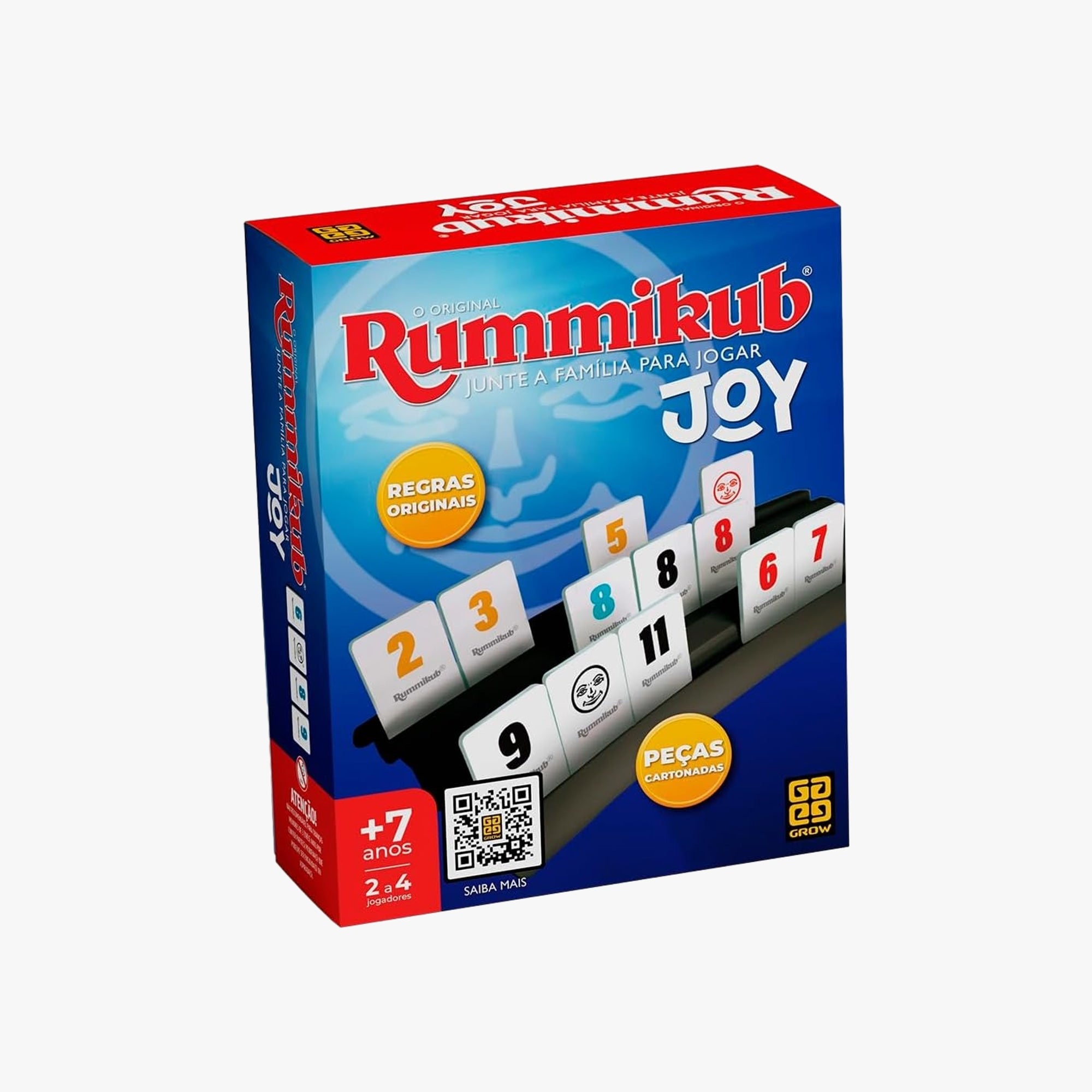 Caixa frontal do Rummikub Joy com ilustração das peças e identificação do jogo