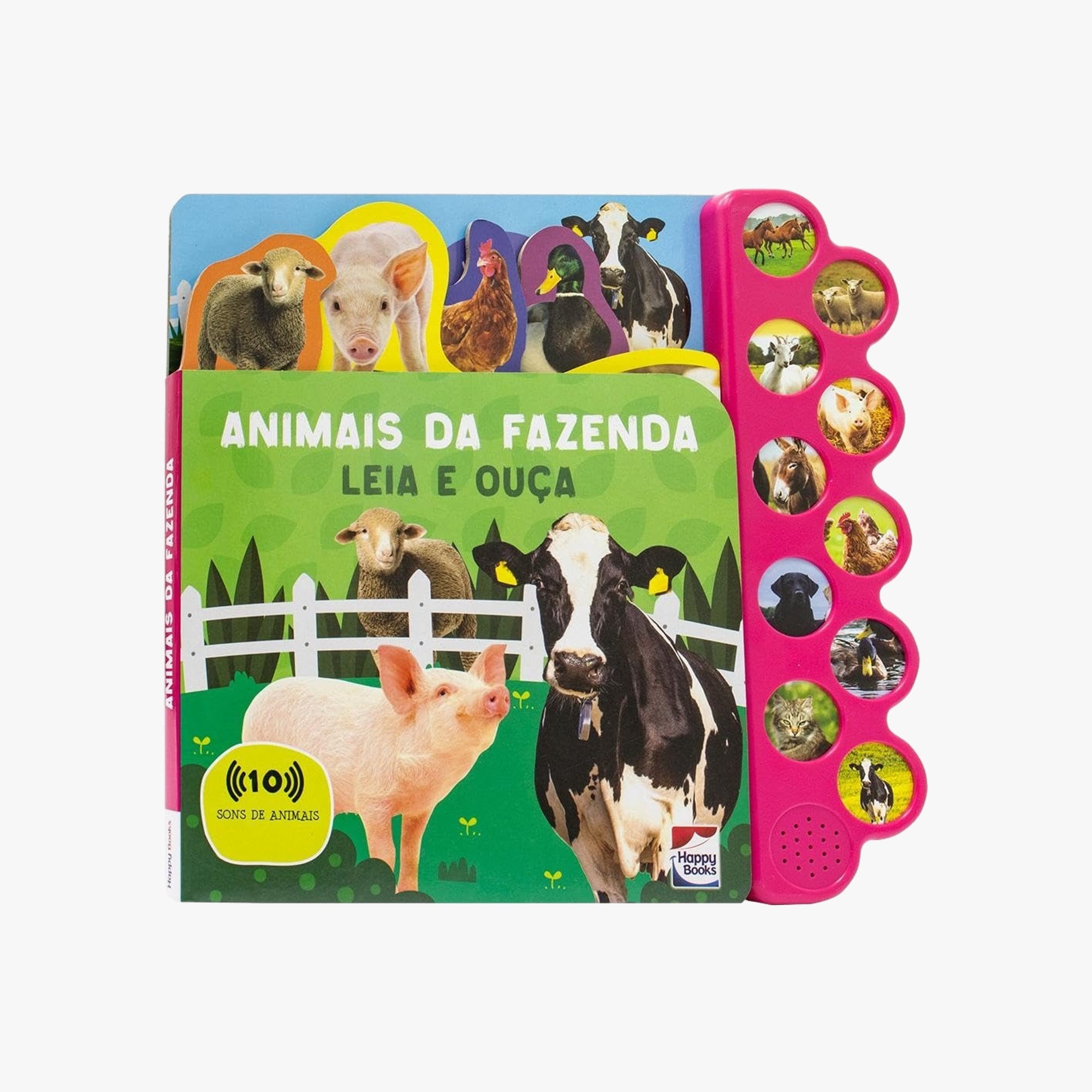 Capa do livro sonoro Leia e Ouça: Fazenda com ilustração colorida de animais do campo