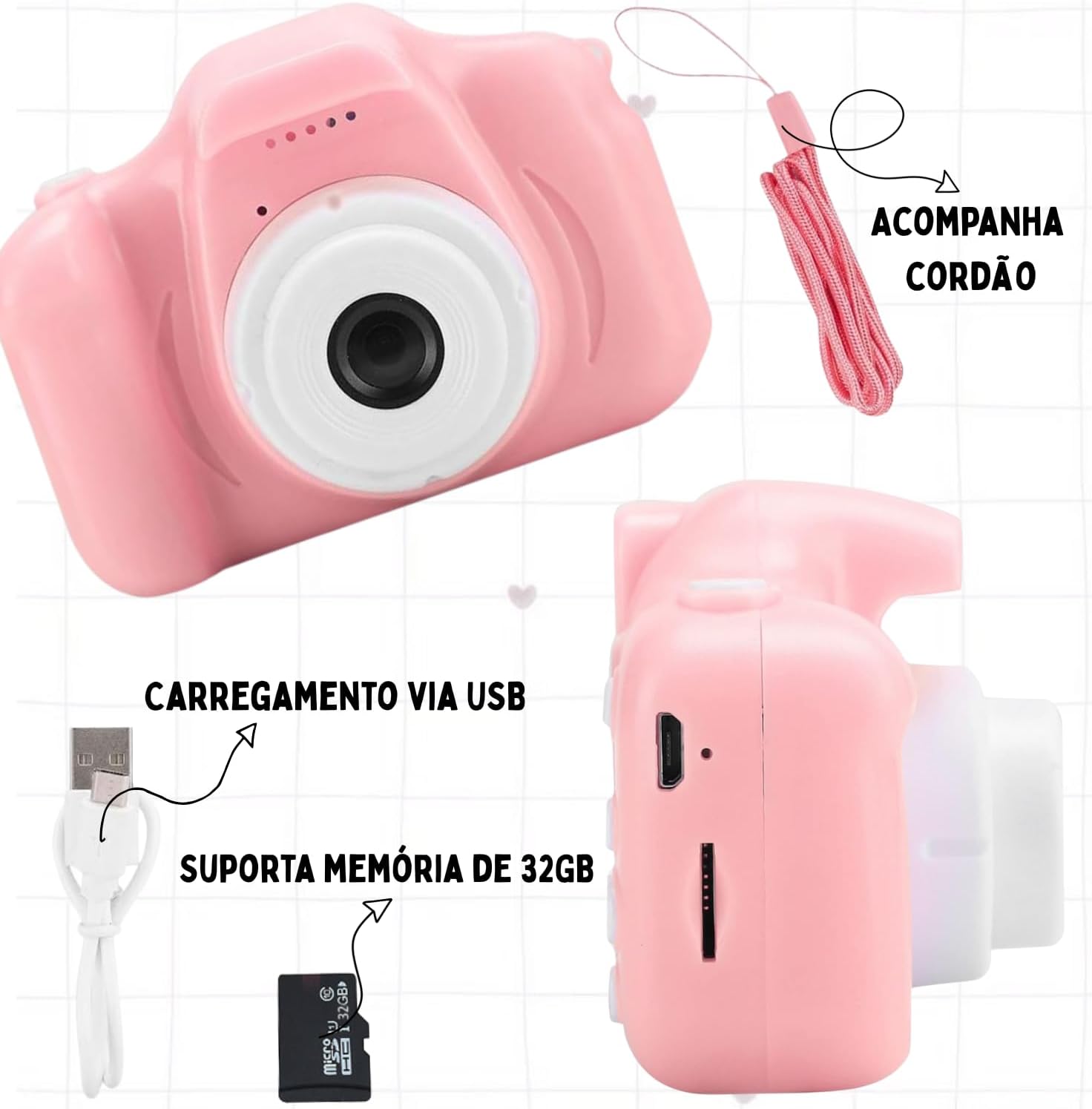 Câmera Digital Infantil CNmuca X2 - Câmera Fotográfica e de Vídeo Multifuncional - Mini Câmera
