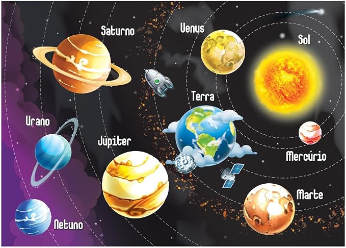Detalhe das peças do quebra-cabeça do sistema solar espalhadas sobre a mesa