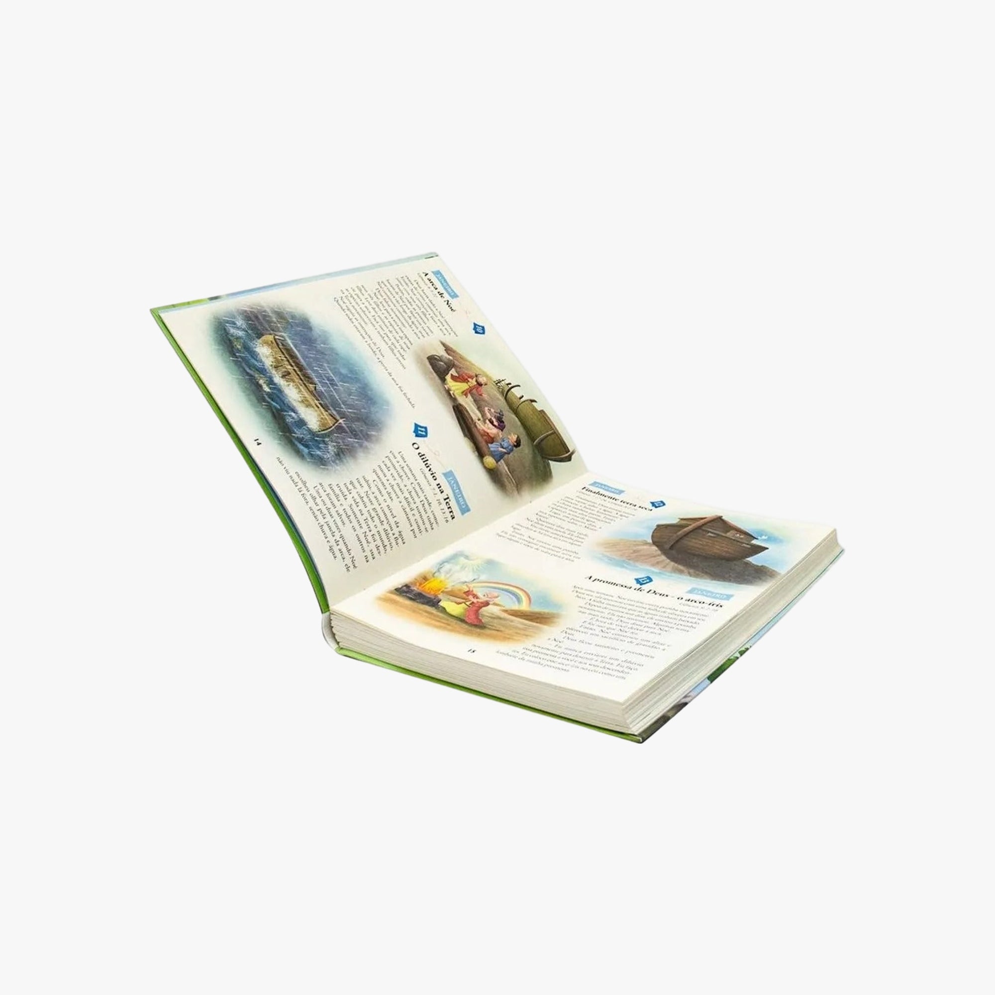 Páginas internas do livro 365 Histórias da Bíblia com texto e ilustrações infantis