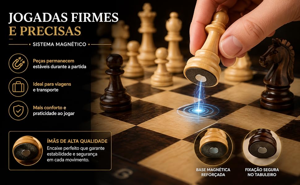 Jogo Xadrez Magnético Madeira Dobrável 29cm Tabuleiro Portátil