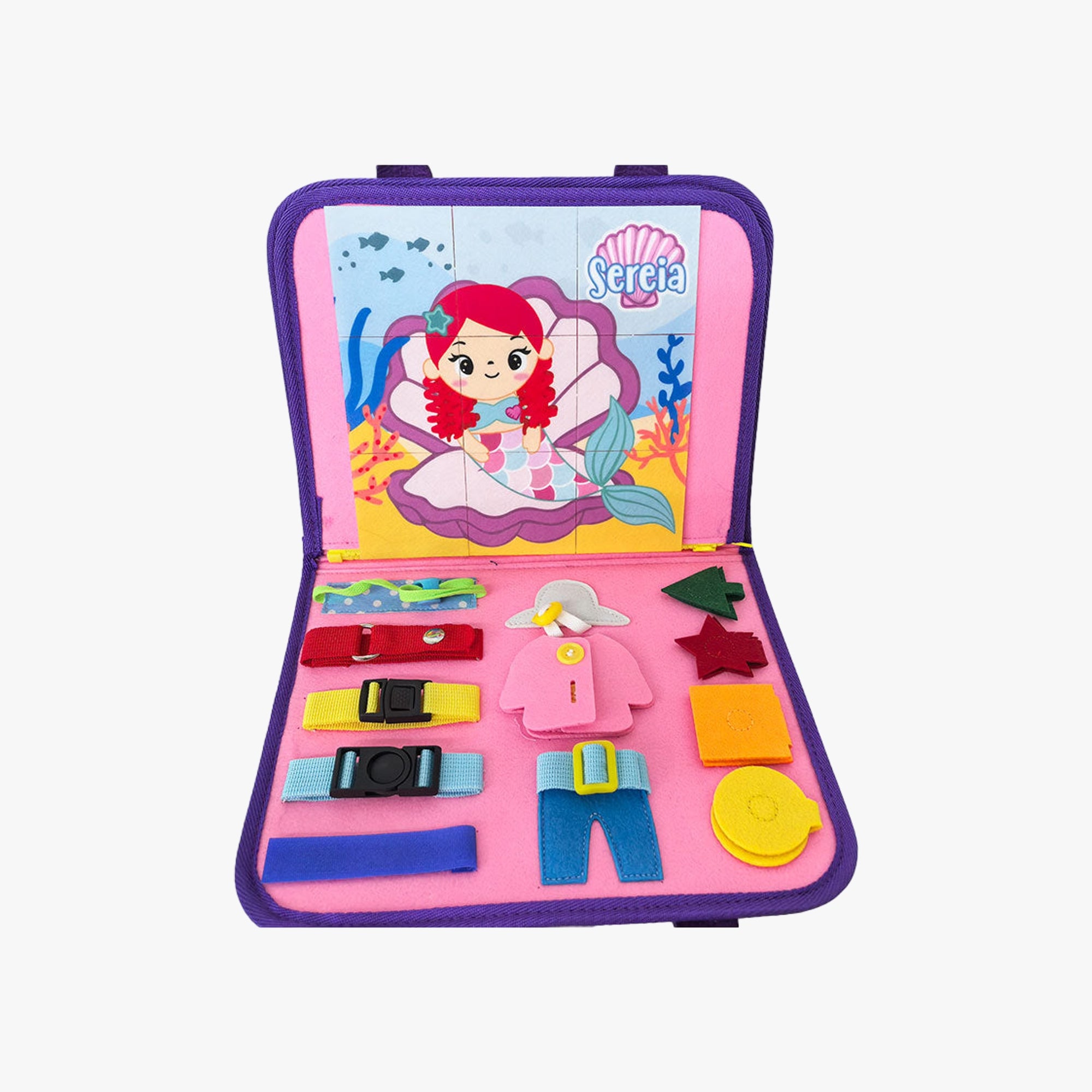 Detalhe do velcro e amarração da maleta educativa DM Toys