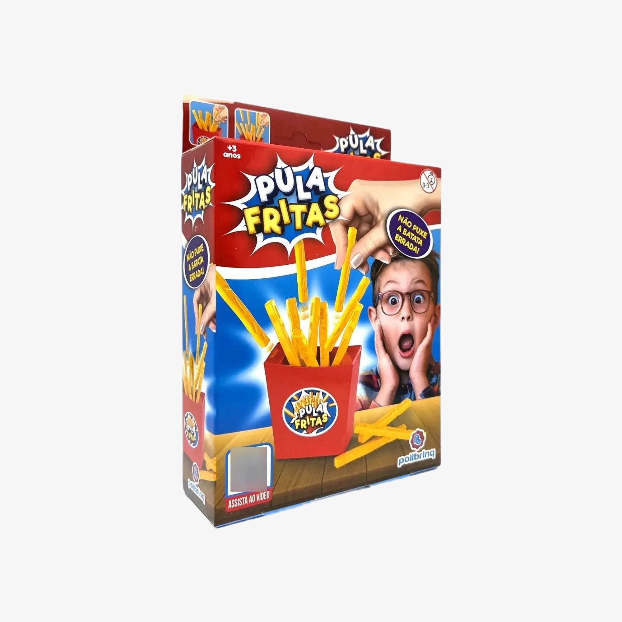 Jogo Pula Fritas com caixa de batatas fritas e peças coloridas sobre a mesa