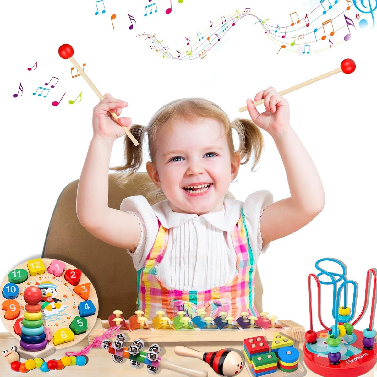 Percussão Instrumentos Musical Set de Madeira Montessori Brinquedos STEM Educativo Infantil (9 em 1)