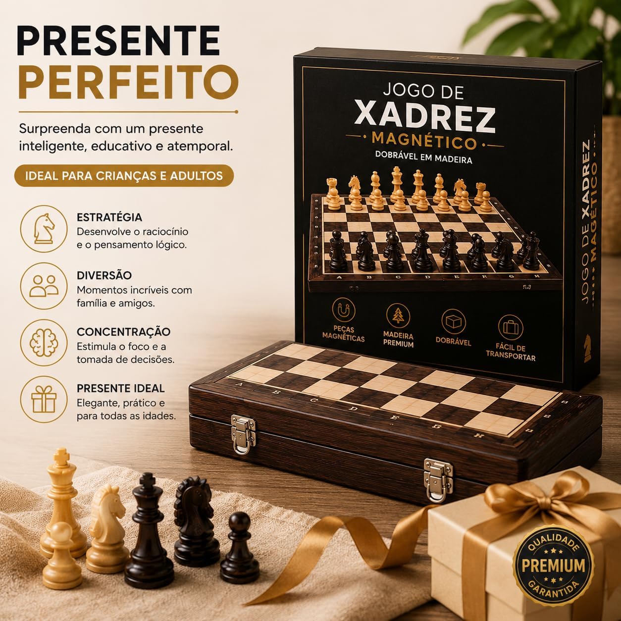 Jogo Xadrez Magnético Madeira Dobrável 29cm Tabuleiro Portátil