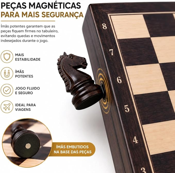 Jogo Xadrez Magnético Madeira Dobrável 29cm Tabuleiro Portátil