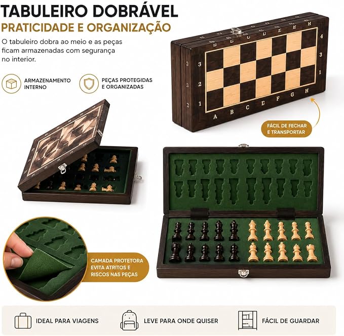 Jogo Xadrez Magnético Madeira Dobrável 29cm Tabuleiro Portátil
