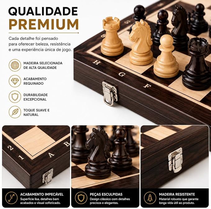 Jogo Xadrez Magnético Madeira Dobrável 29cm Tabuleiro Portátil