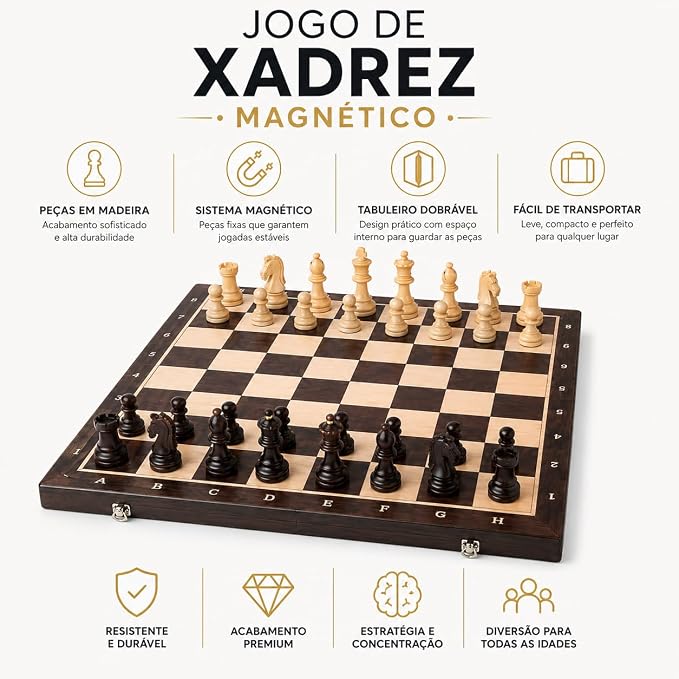 Jogo Xadrez Magnético Madeira Dobrável 29cm Tabuleiro Portátil