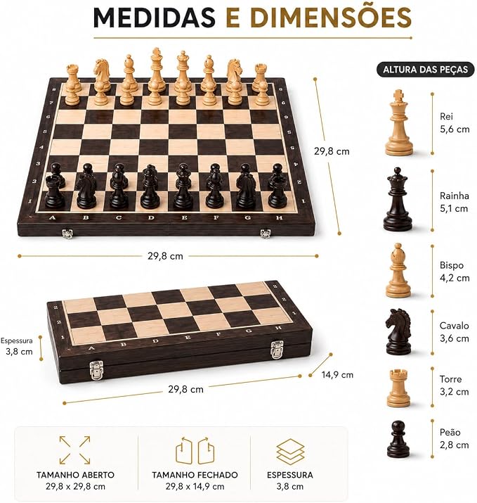Jogo Xadrez Magnético Madeira Dobrável 29cm Tabuleiro Portátil