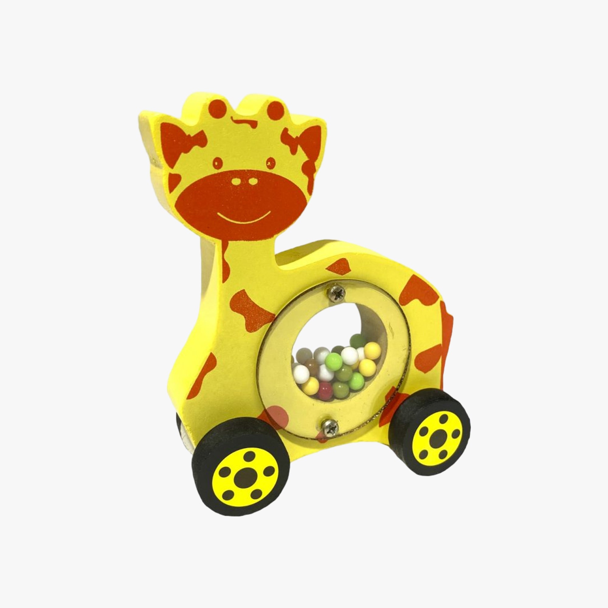Carrinho girafa de madeira com bolinhas coloridas estilo chocalho, vista frontal