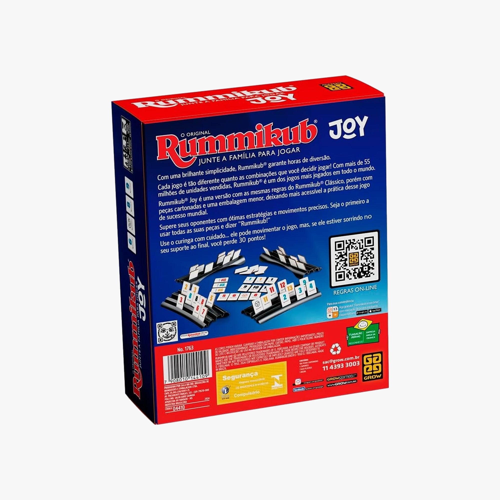 Visão geral dos componentes do Rummikub Joy, incluindo suportes e peças numeradas