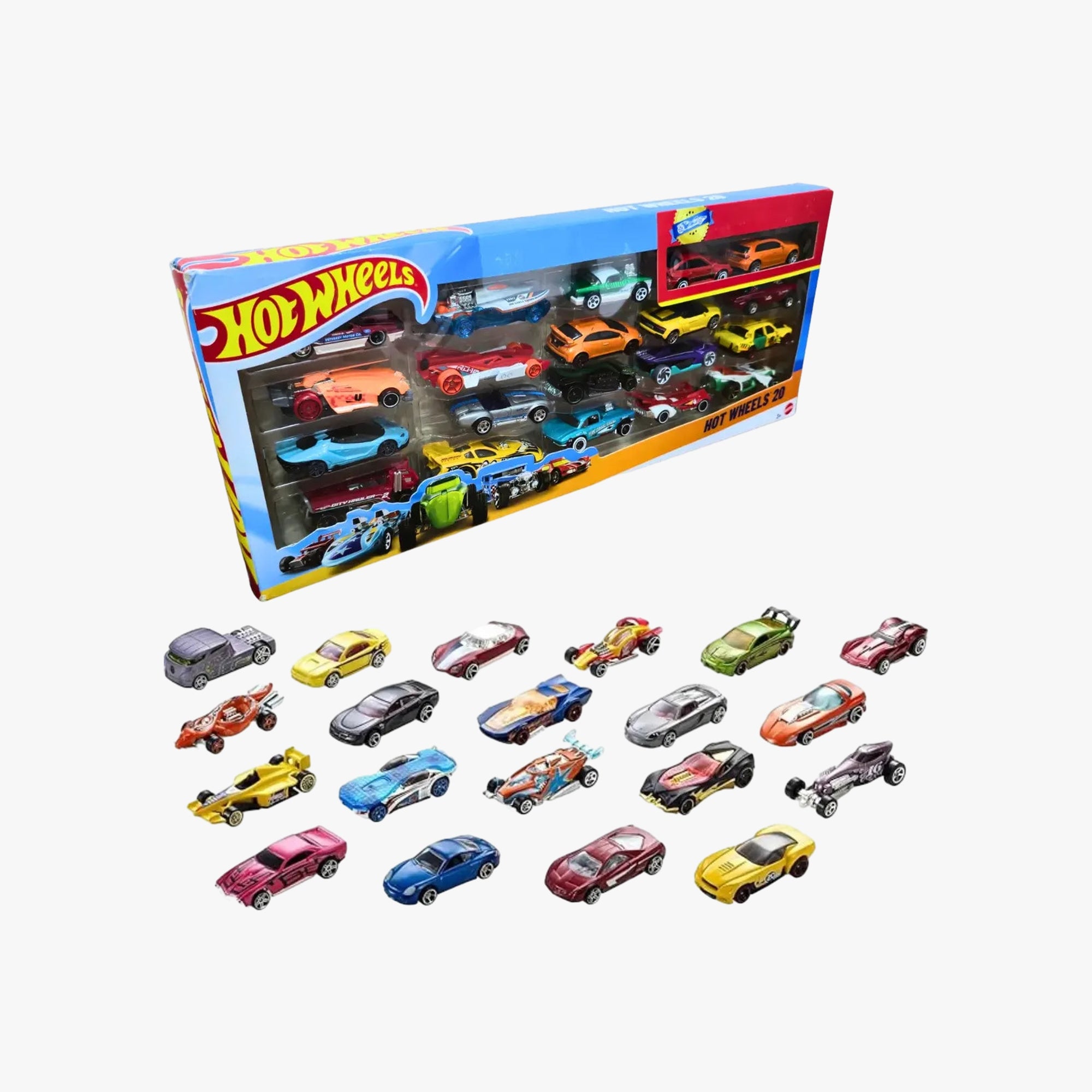 Vista lateral da embalagem do pack Hot Wheels 20 carrinhos mostrando os modelos sortidos