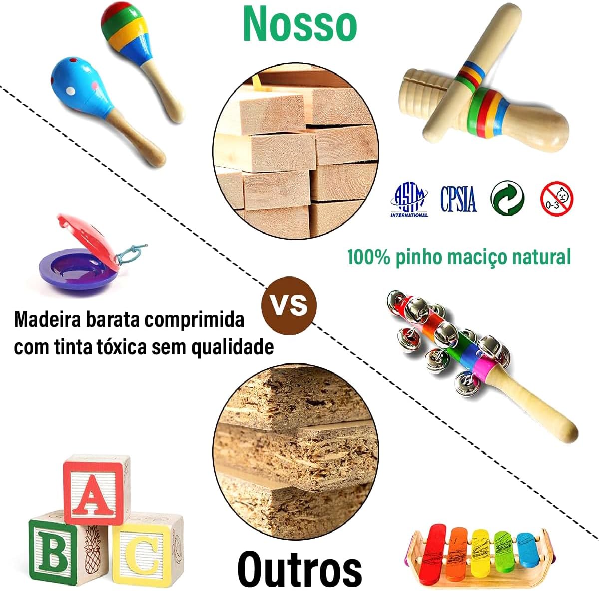 Brinquedo Montessori: Conjunto de Instrumentos de Percussão de Madeira