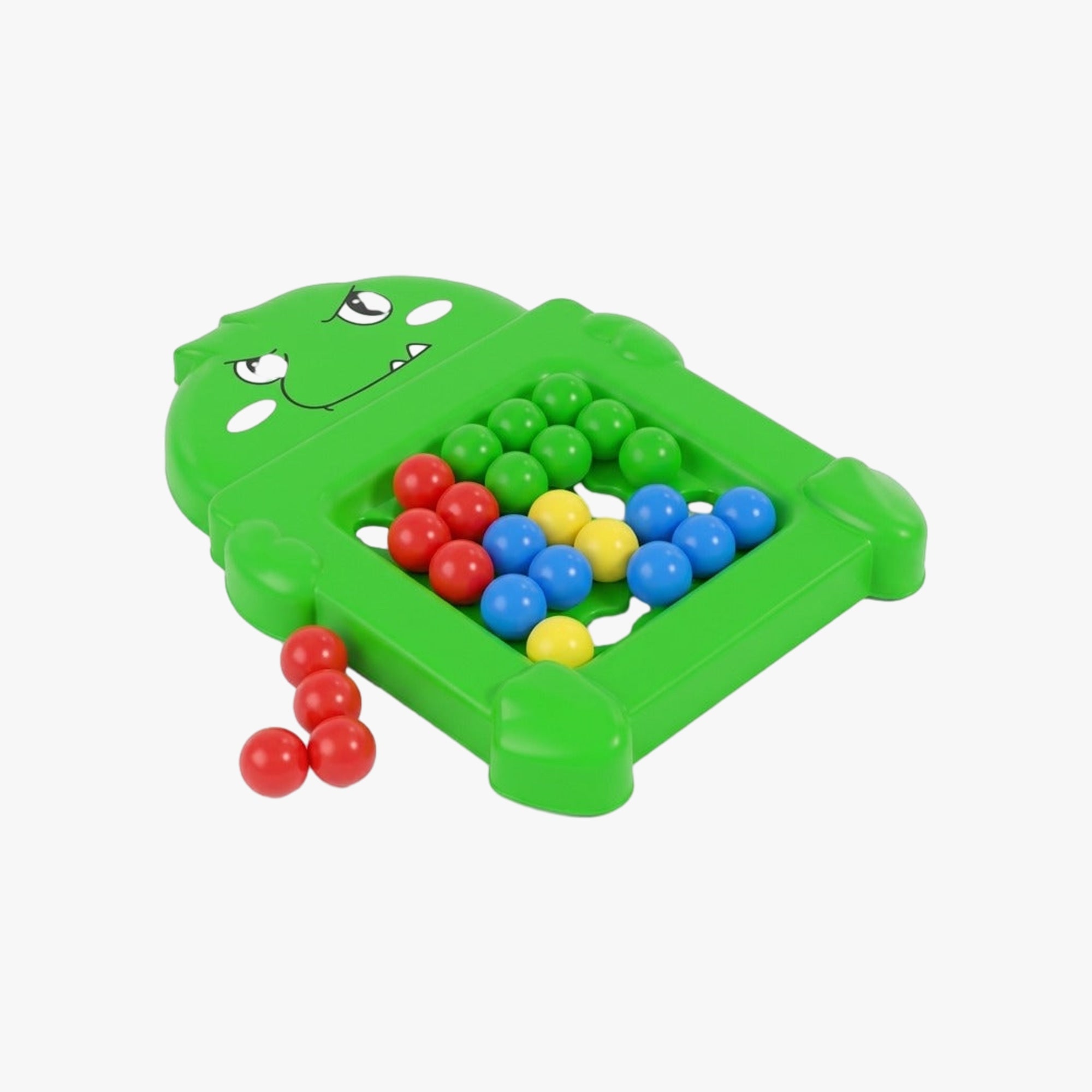 Vista superior do tabuleiro Dino Ball com peças distribuídas por cor e formato