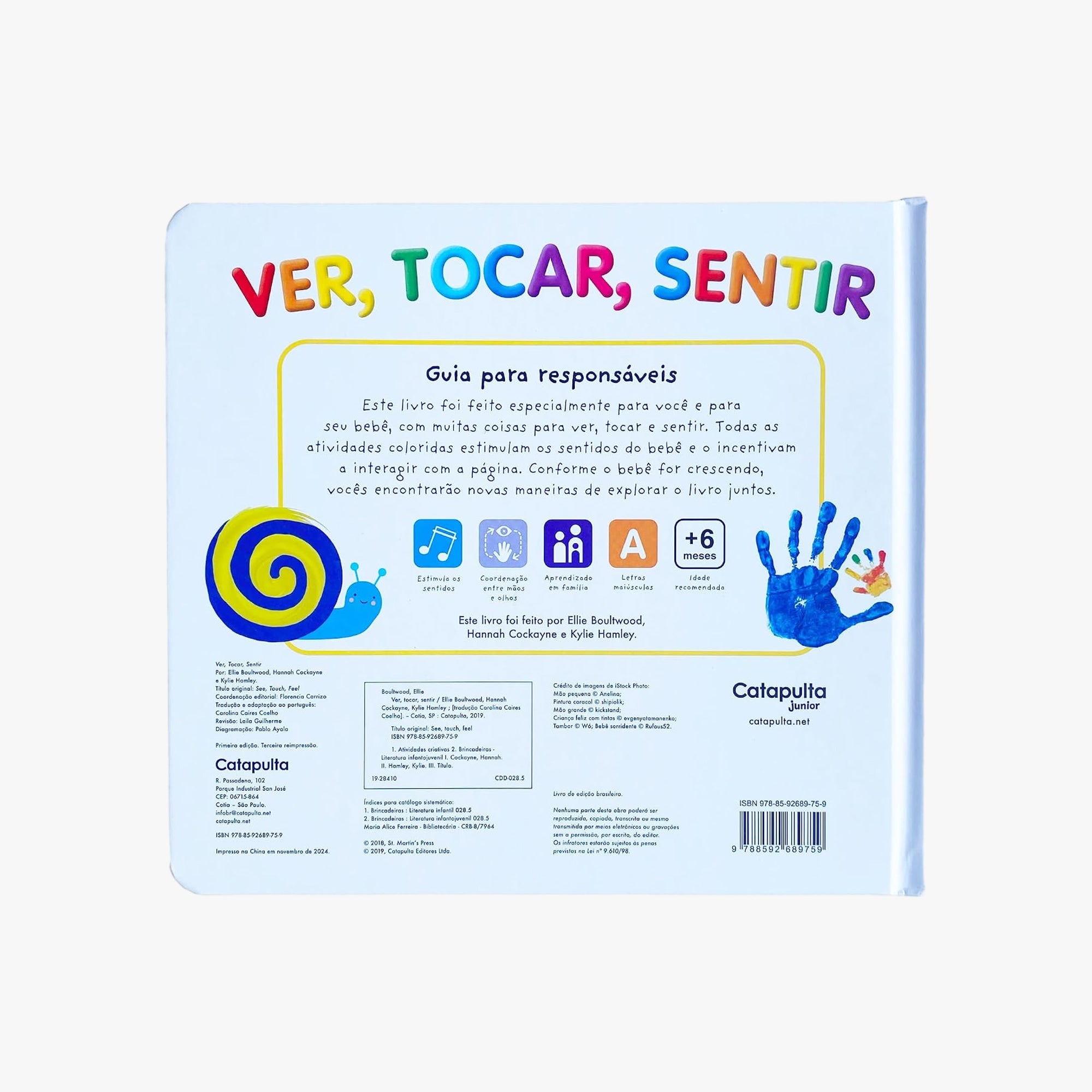 Página interna do livro Ver, Tocar, Sentir com texturas e elementos interativos