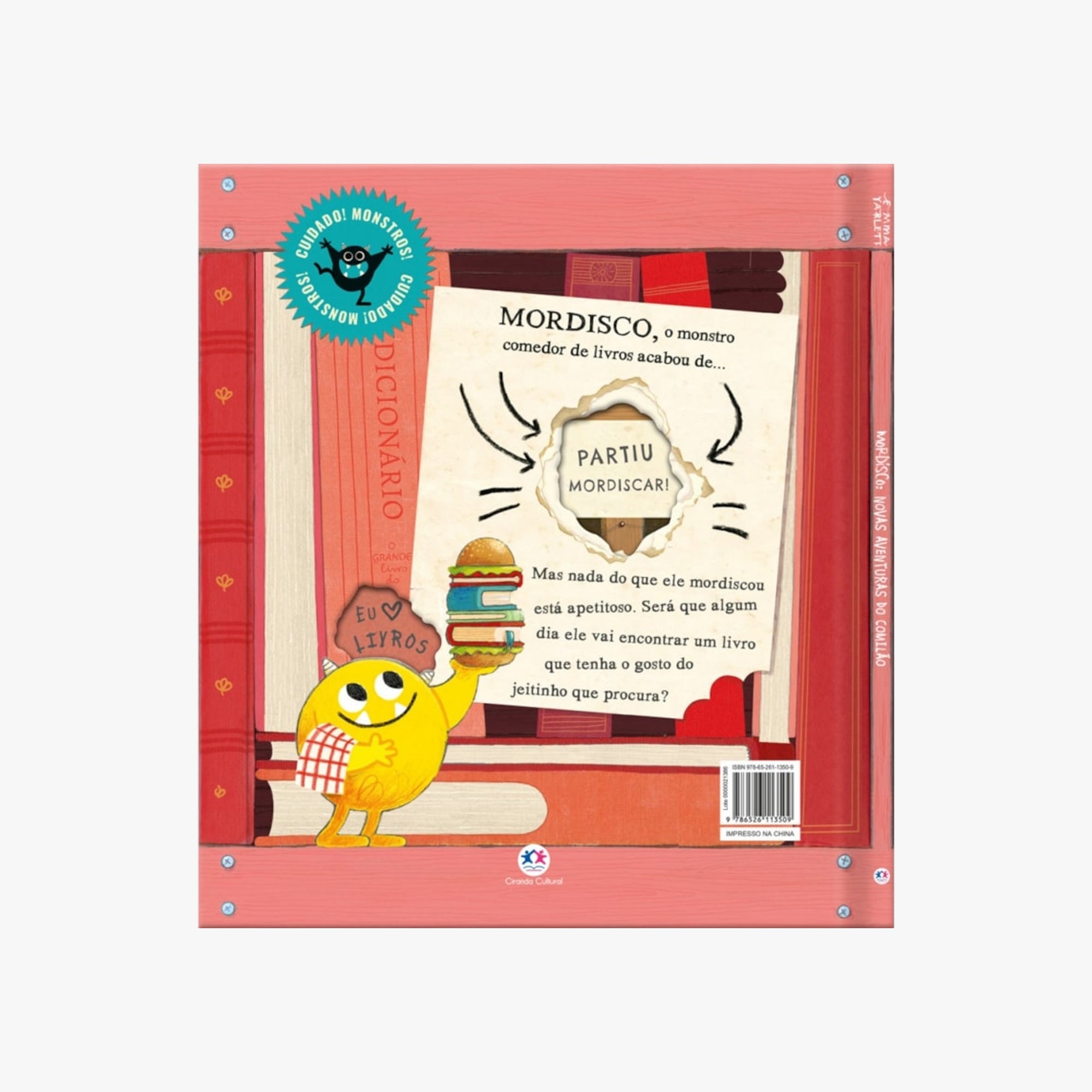 Páginas internas do livro Mordisco mostrando ilustrações coloridas e o personagem monstro comedor de livros