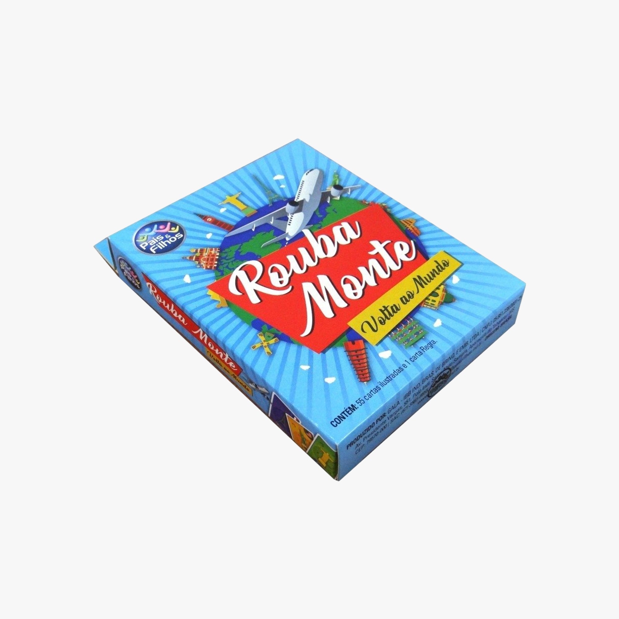 Caixa frontal do jogo Rouba Monte Volta ao Mundo da Pais e Filhos com ilustrações coloridas de pontos turísticos