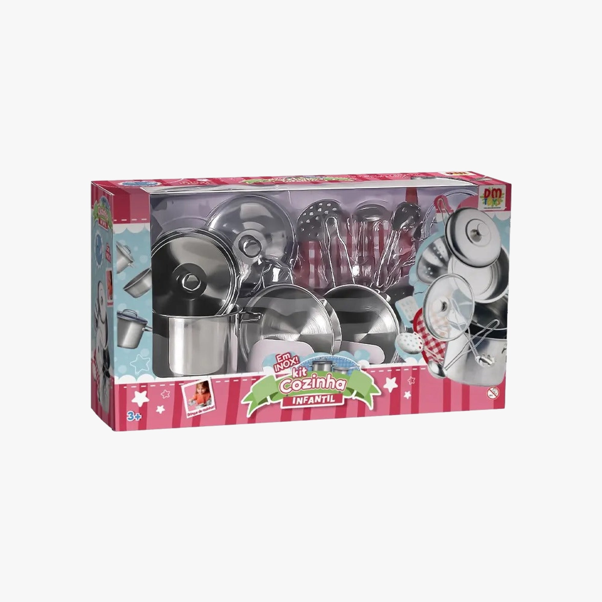 Detalhe das peças do kit de cozinha infantil em inox, mostrando acabamento e tamanho dos utensílios