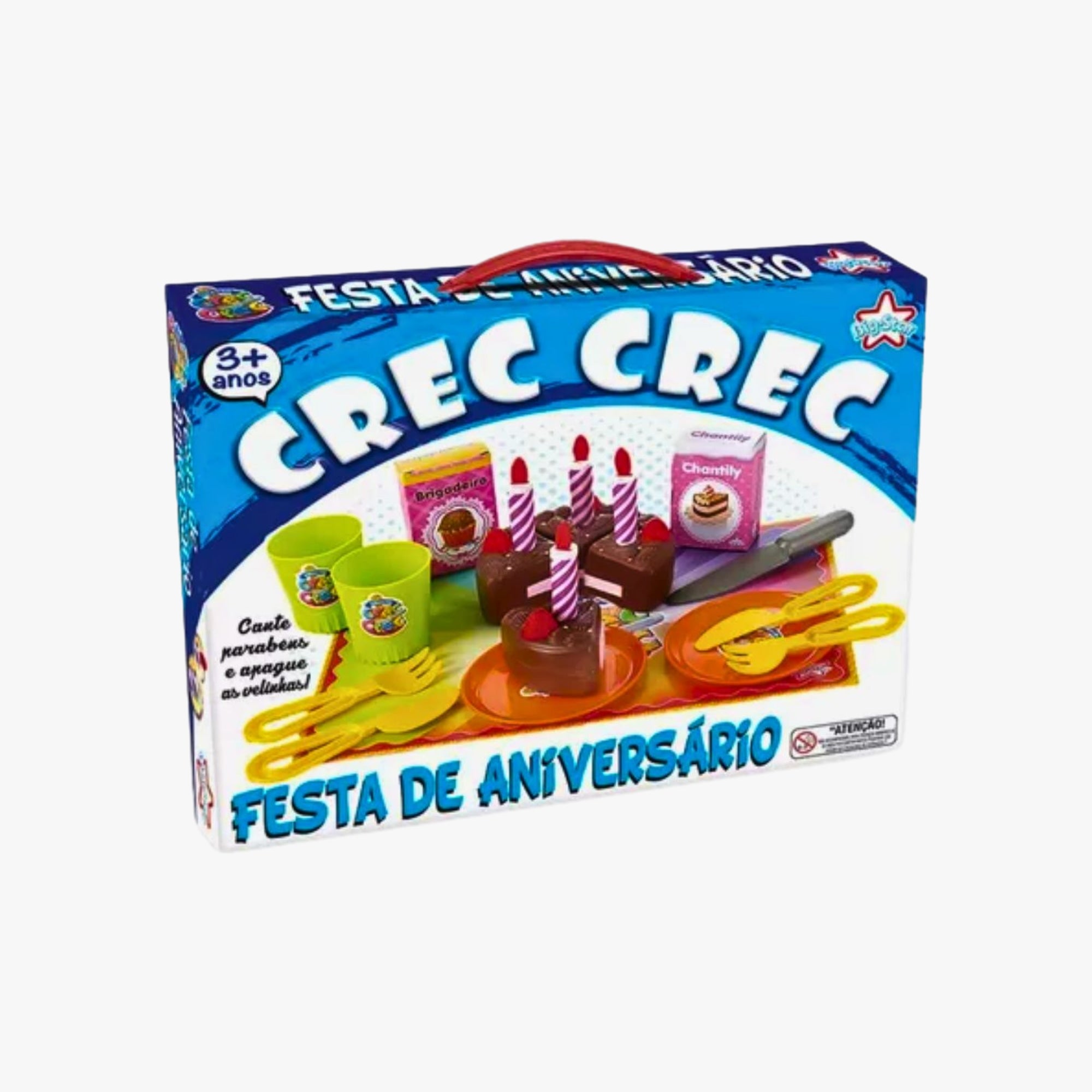 Kit faz de conta Crec Crec Festa de Aniversário com bolo, velas e acessórios coloridos