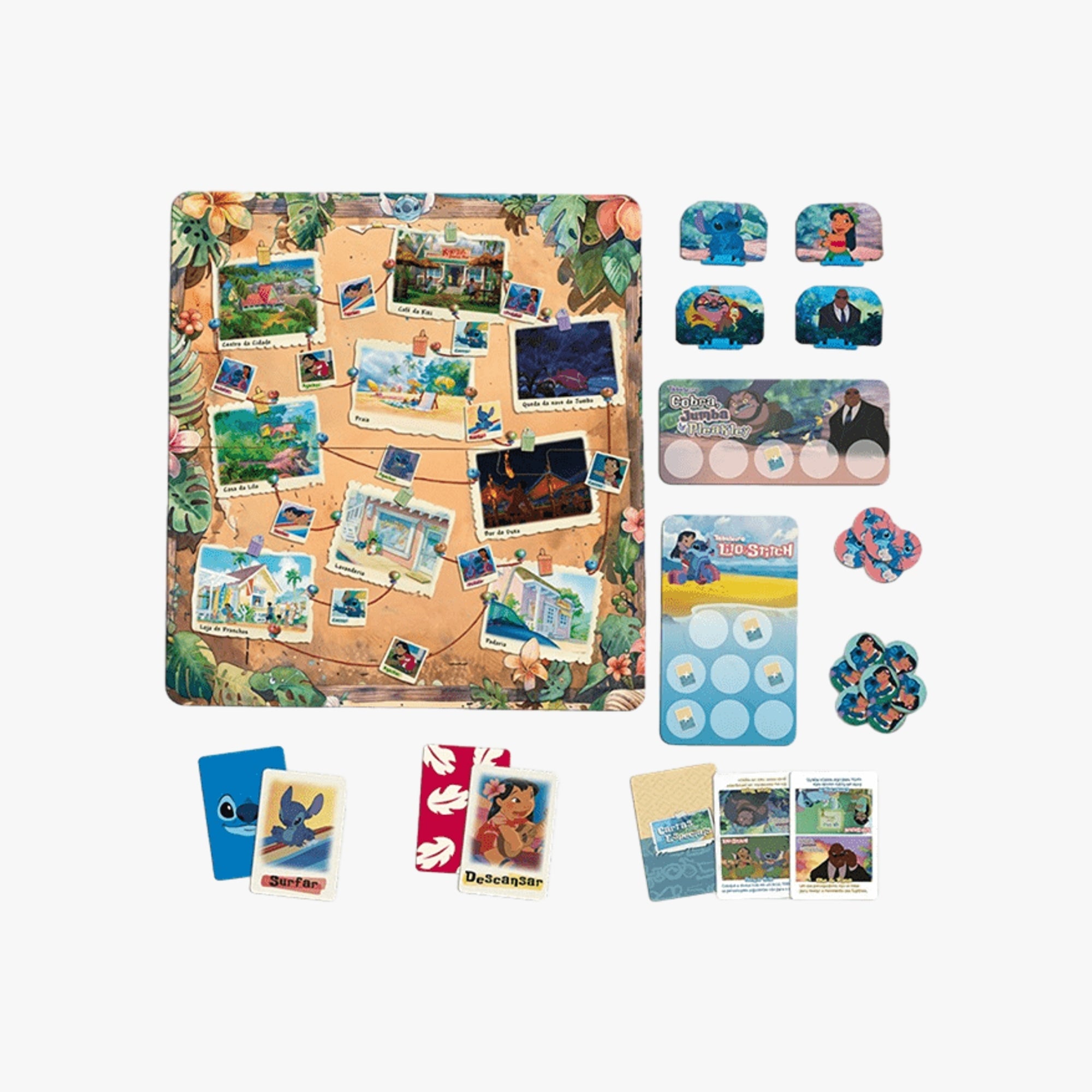 Componentes do jogo Stitch em Fuga espalhados mostrando peças e tabuleiro