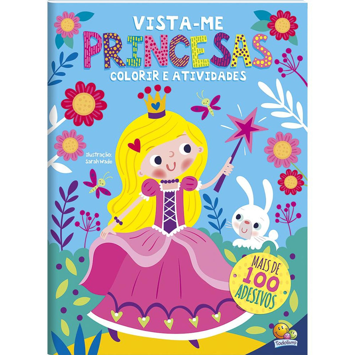 Capa do livro Vista-me! Princesas com ilustração de princesa e destaque para os adesivos incluídos
