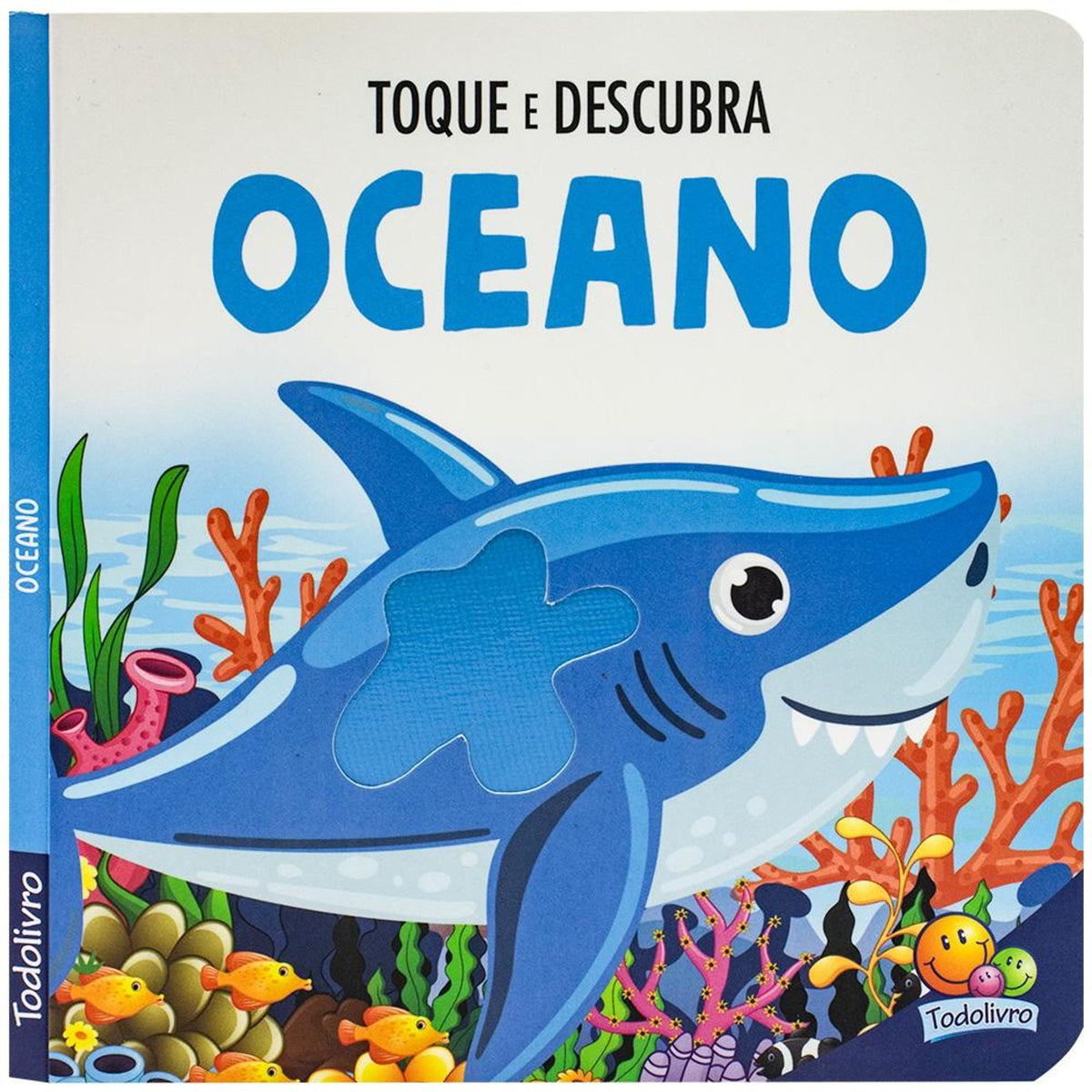 Capa do livro sensorial Toque e Descubra Oceano com ilustração colorida de animais marinhos