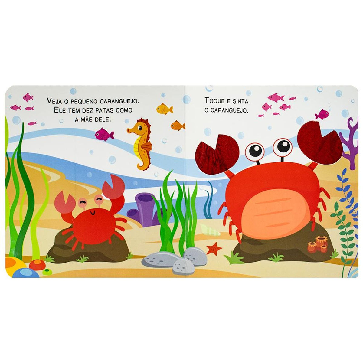 Página interna do livro mostrando animal marinho com textura tátil para crianças explorarem