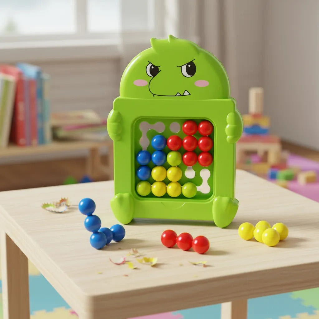 Criança encaixando peças coloridas no tabuleiro do jogo Dino Ball