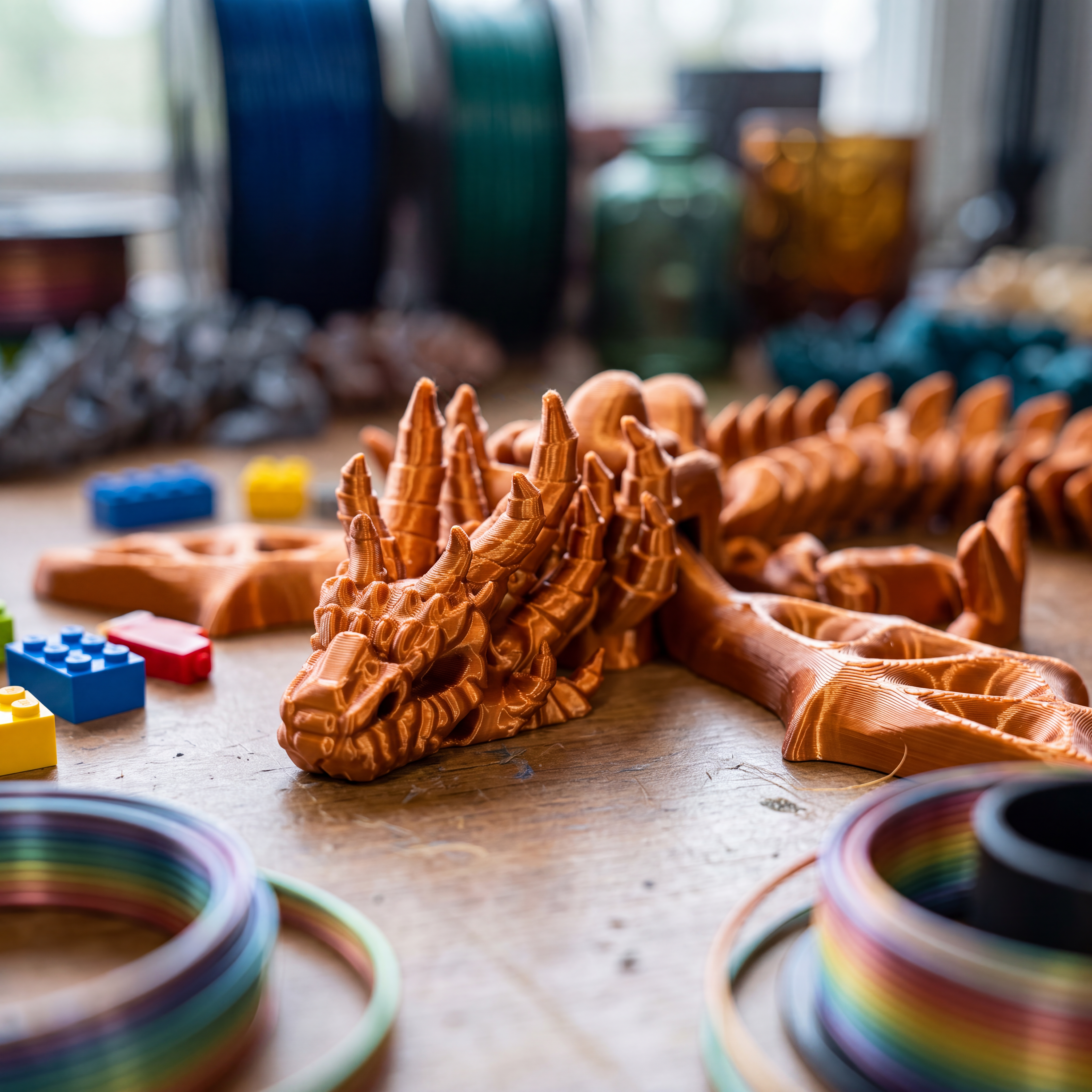 Arte de divulgação do dragão articulado 3D bronze com logo Mundo Mini Gênio ao fundo