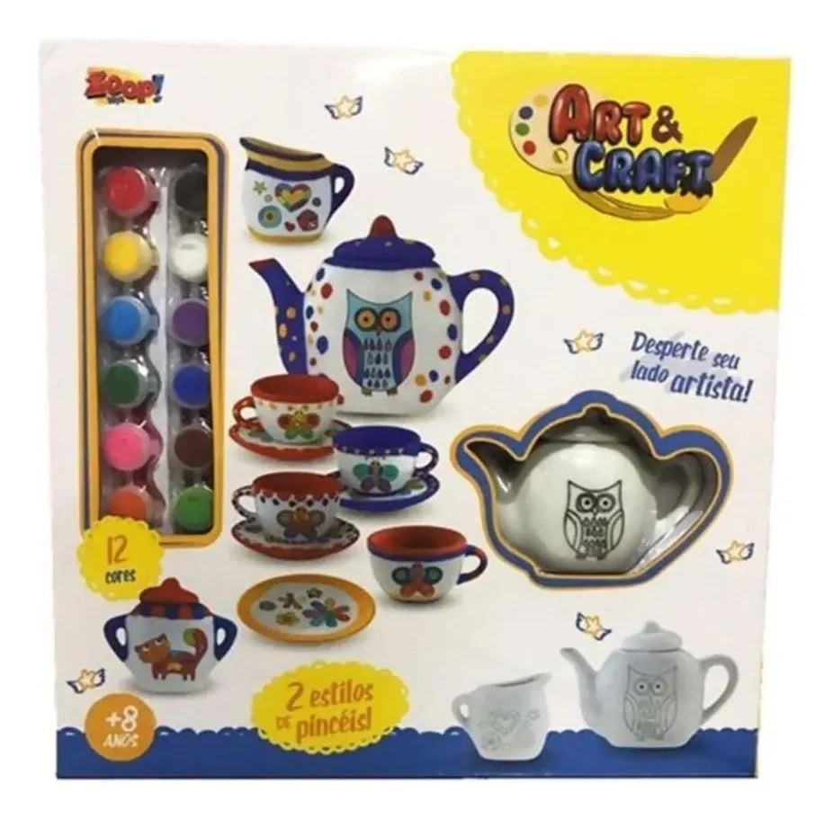 Brinquedo Pintura Kit Chá Cerâmica Art E Craft Tintas Pincel Corujinha