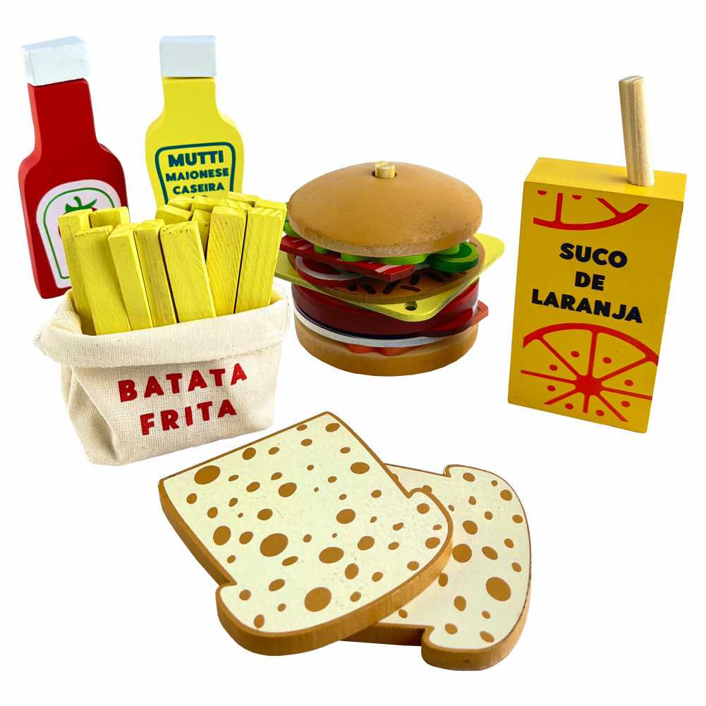 Kit Brinquedo Comidinhas Brinqmutti Lanche Feliz Madeira 20 Peças