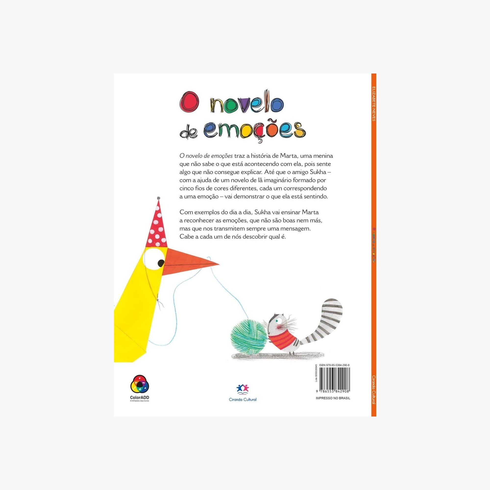Contracapa do livro O novelo de emoções com sinopse e ilustração dos personagens